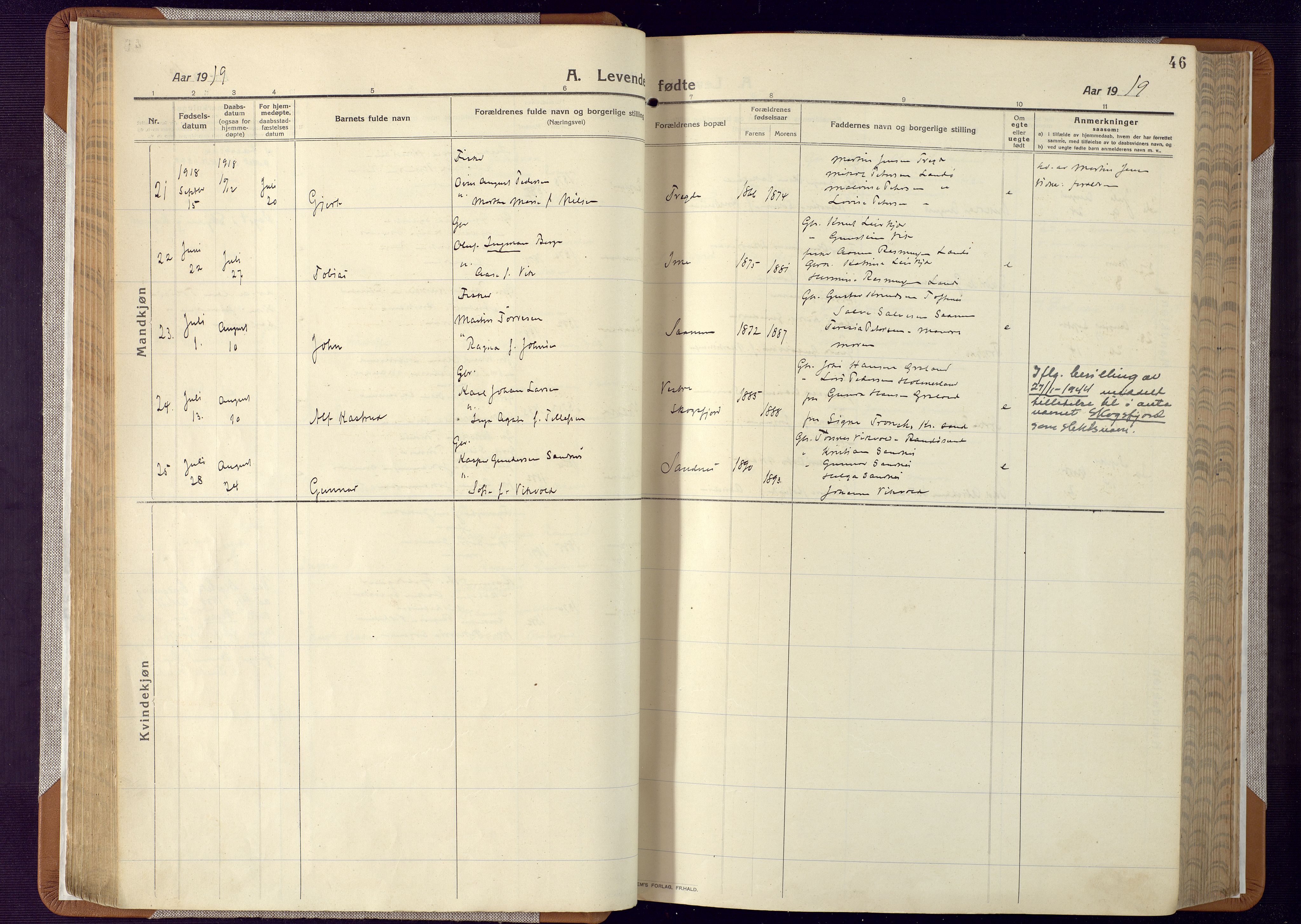 Mandal sokneprestkontor, AV/SAK-1111-0030/F/Fa/Faa/L0022: Parish register (official) no. A 22, 1913-1925, p. 46