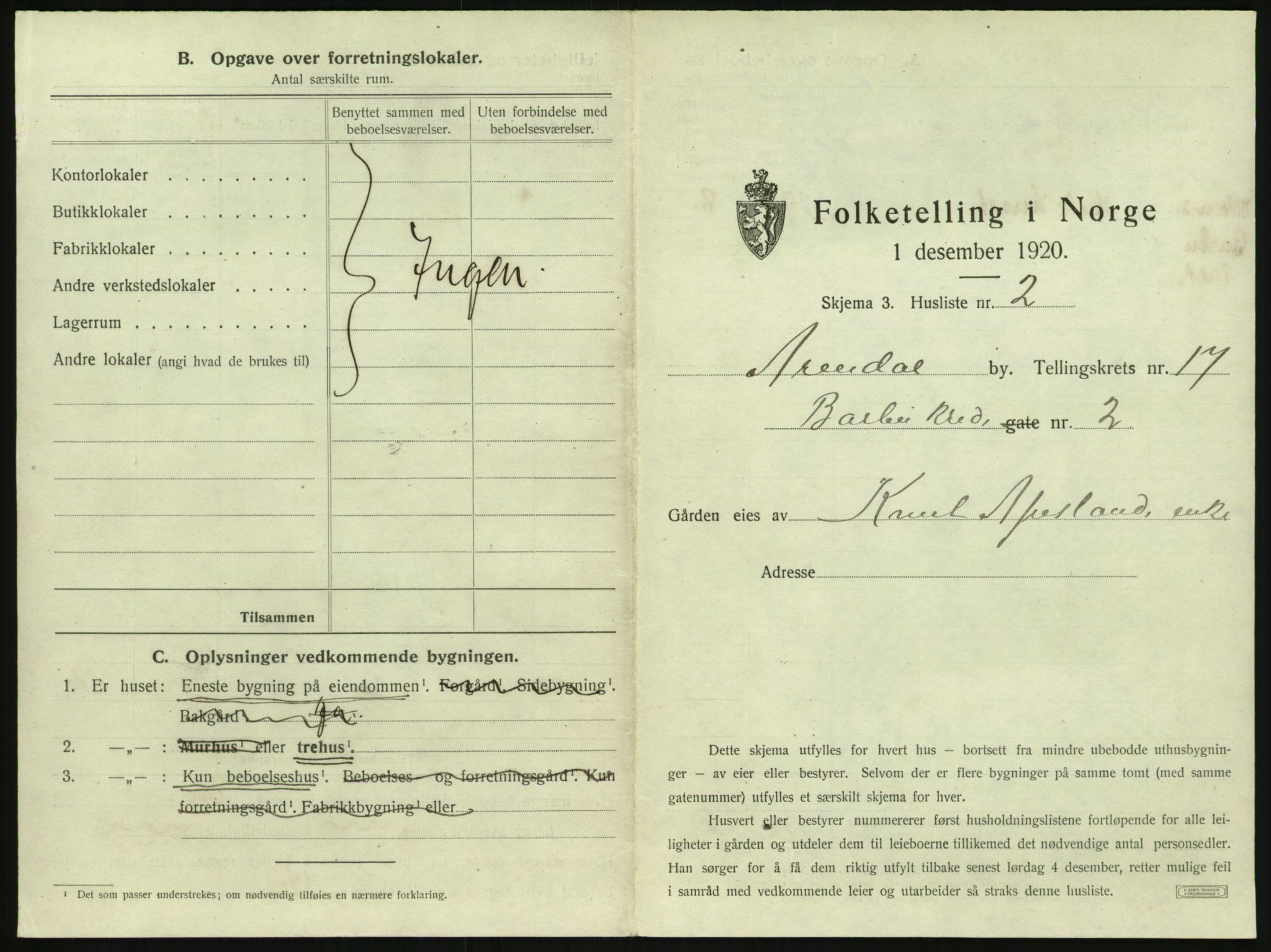 SAK, 1920 census for Arendal, 1920, p. 2532