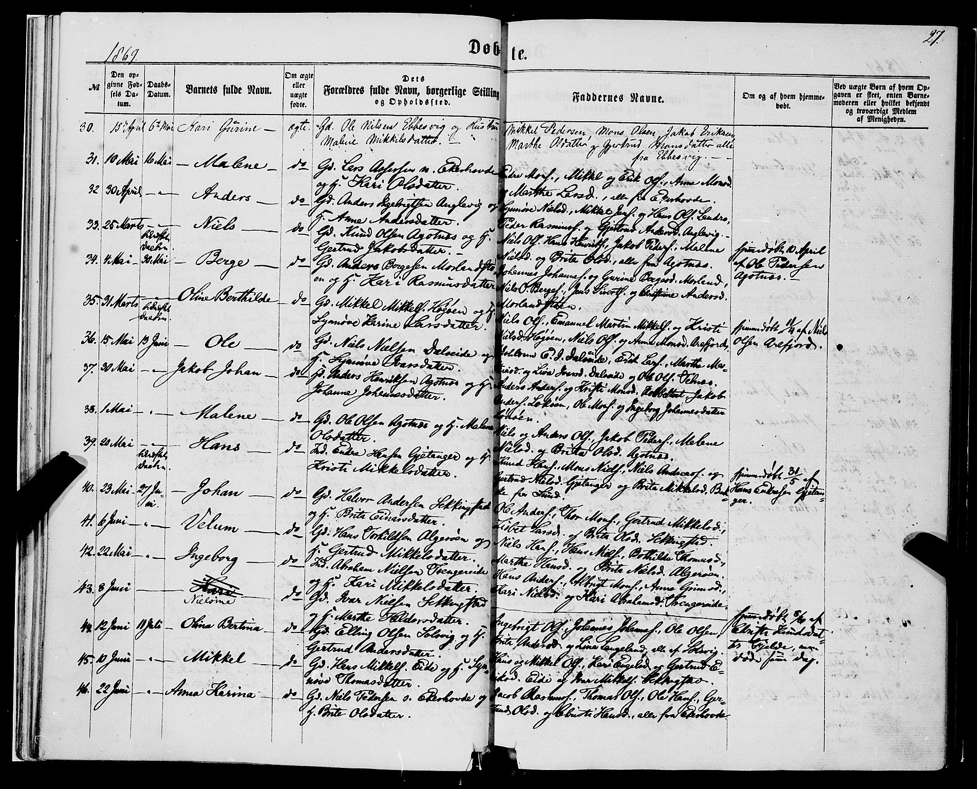 Fjell sokneprestembete, SAB/A-75301/H/Haa: Parish register (official) no. A 3, 1864-1877, p. 27
