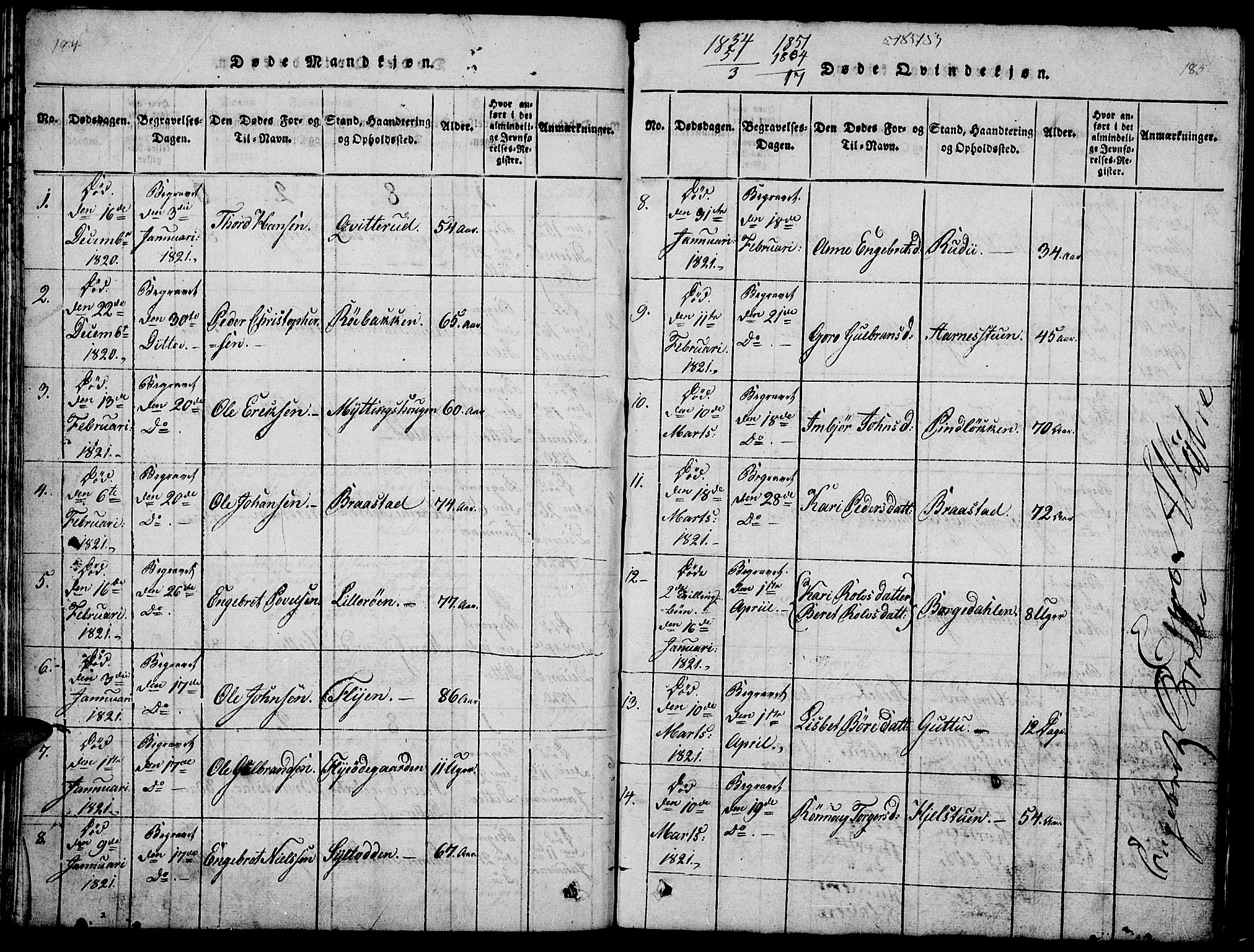 Ringebu prestekontor, SAH/PREST-082/H/Ha/Hab/L0001: Parish register (copy) no. 1, 1821-1839, p. 184-185
