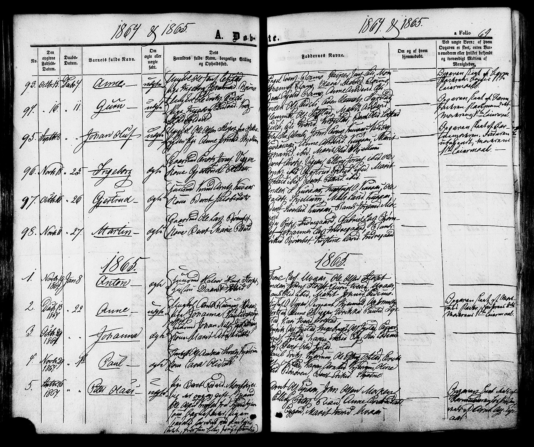 Ministerialprotokoller, klokkerbøker og fødselsregistre - Sør-Trøndelag, SAT/A-1456/665/L0772: Parish register (official) no. 665A07, 1856-1878, p. 64