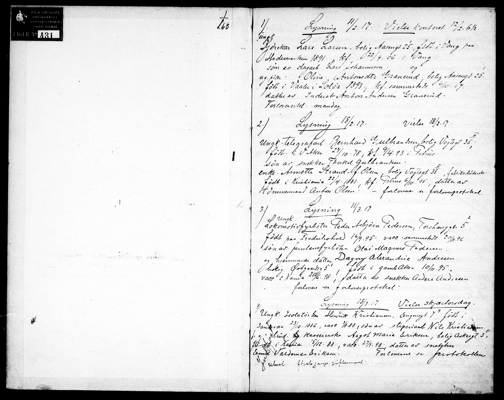 Lilleborg prestekontor Kirkebøker, SAO/A-10343a/H/L0001: Banns register no. 1, 1917-1918