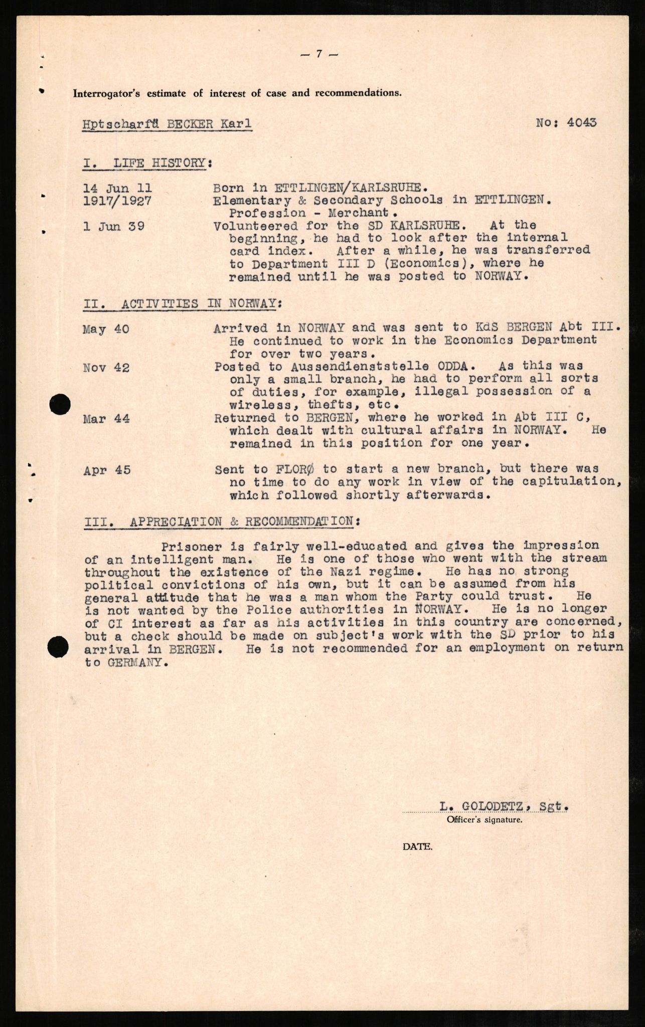 Forsvaret, Forsvarets overkommando II, RA/RAFA-3915/D/Db/L0002: CI Questionaires. Tyske okkupasjonsstyrker i Norge. Tyskere., 1945-1946, p. 342