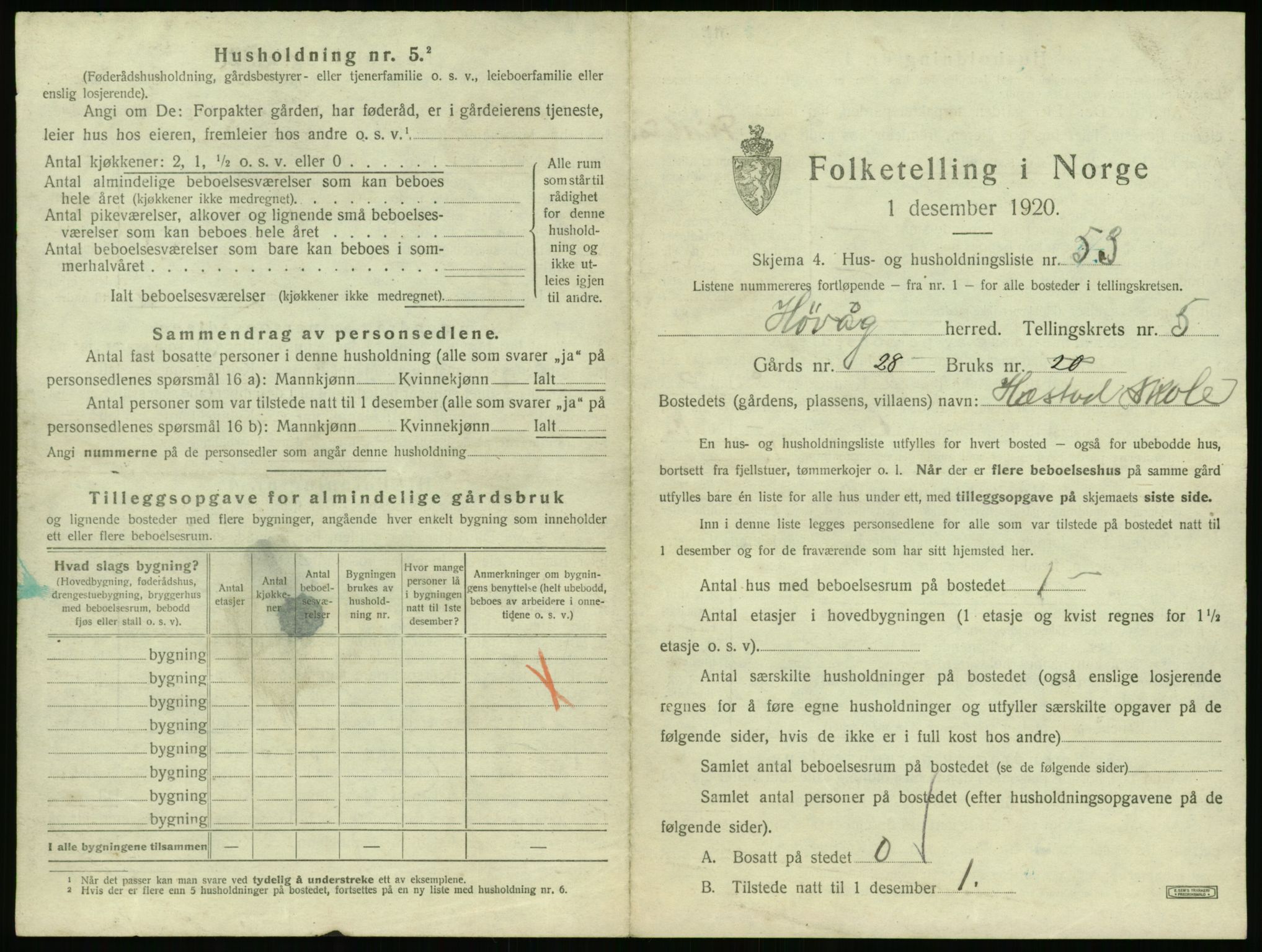 SAK, 1920 census for Høvåg, 1920, p. 496