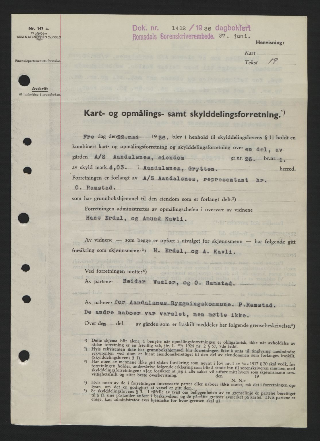 Romsdal sorenskriveri, AV/SAT-A-4149/1/2/2C: Mortgage book no. A1, 1936-1936, Diary no: : 1412/1936