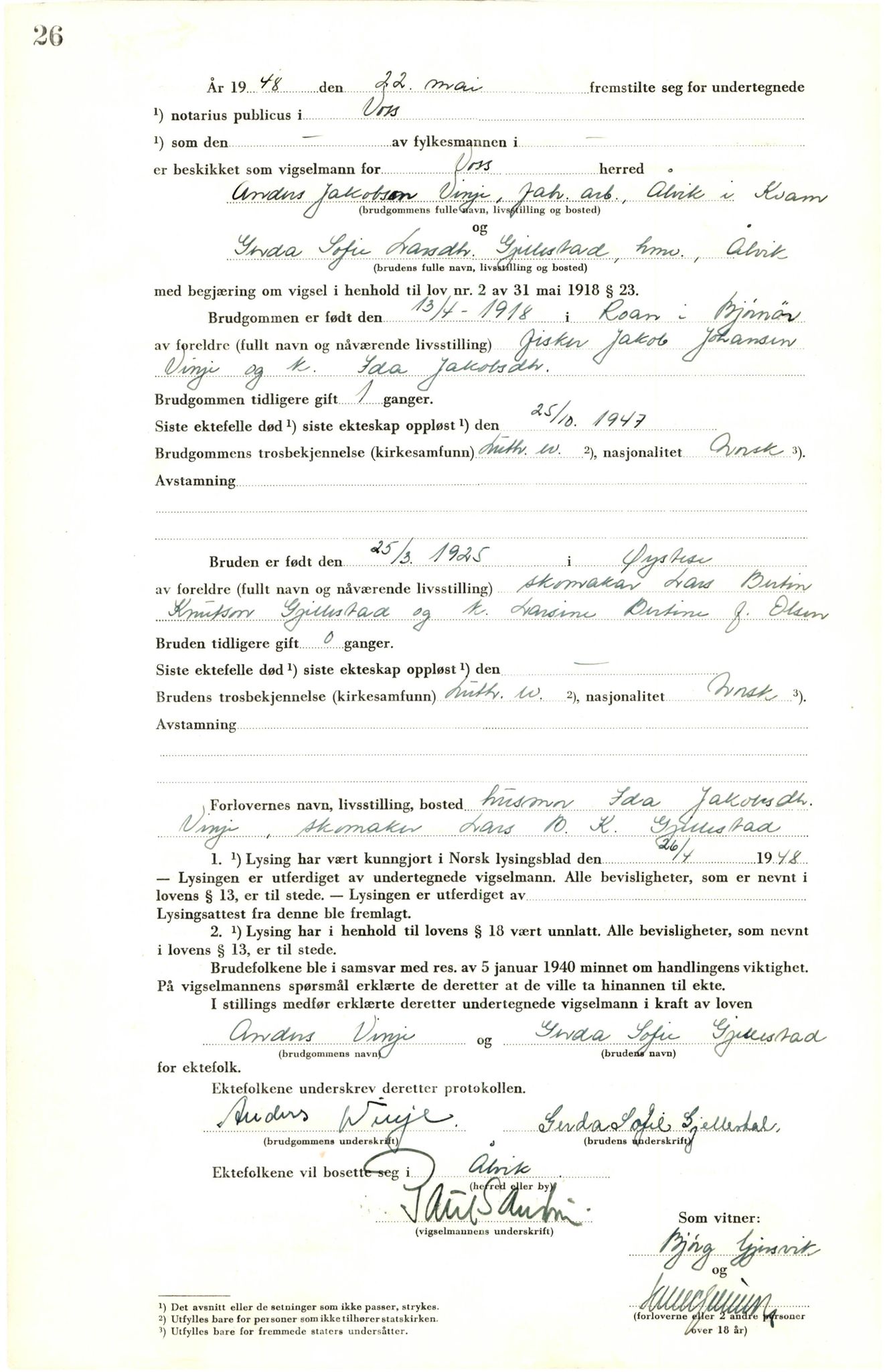 Voss sorenskrivar, AV/SAB-A-2701/M/Maa/L0003: Vigselbok, 1945-1969, p. 26