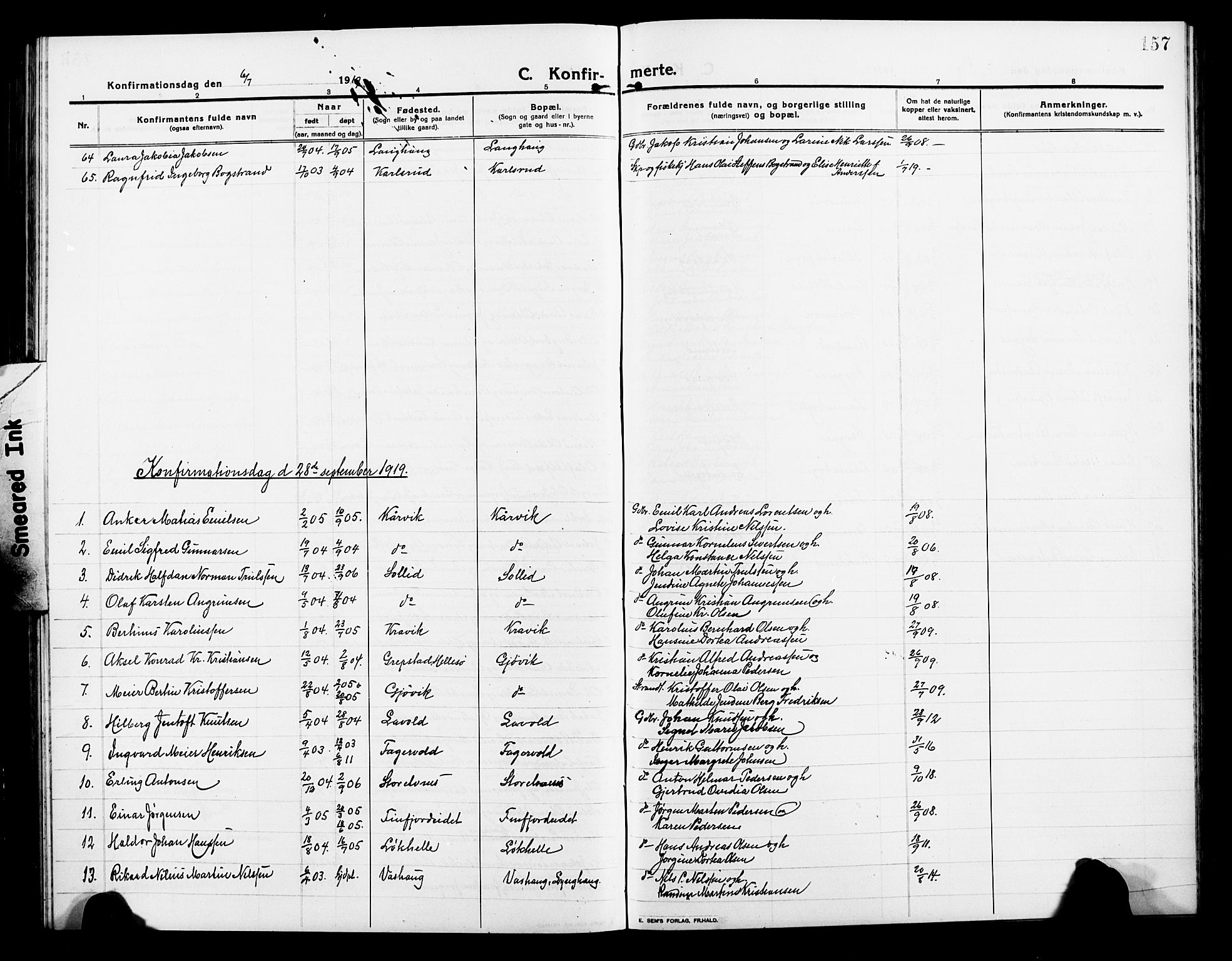 Lenvik sokneprestembete, AV/SATØ-S-1310/H/Ha/Hab/L0009klokker: Parish register (copy) no. 9, 1912-1926, p. 157