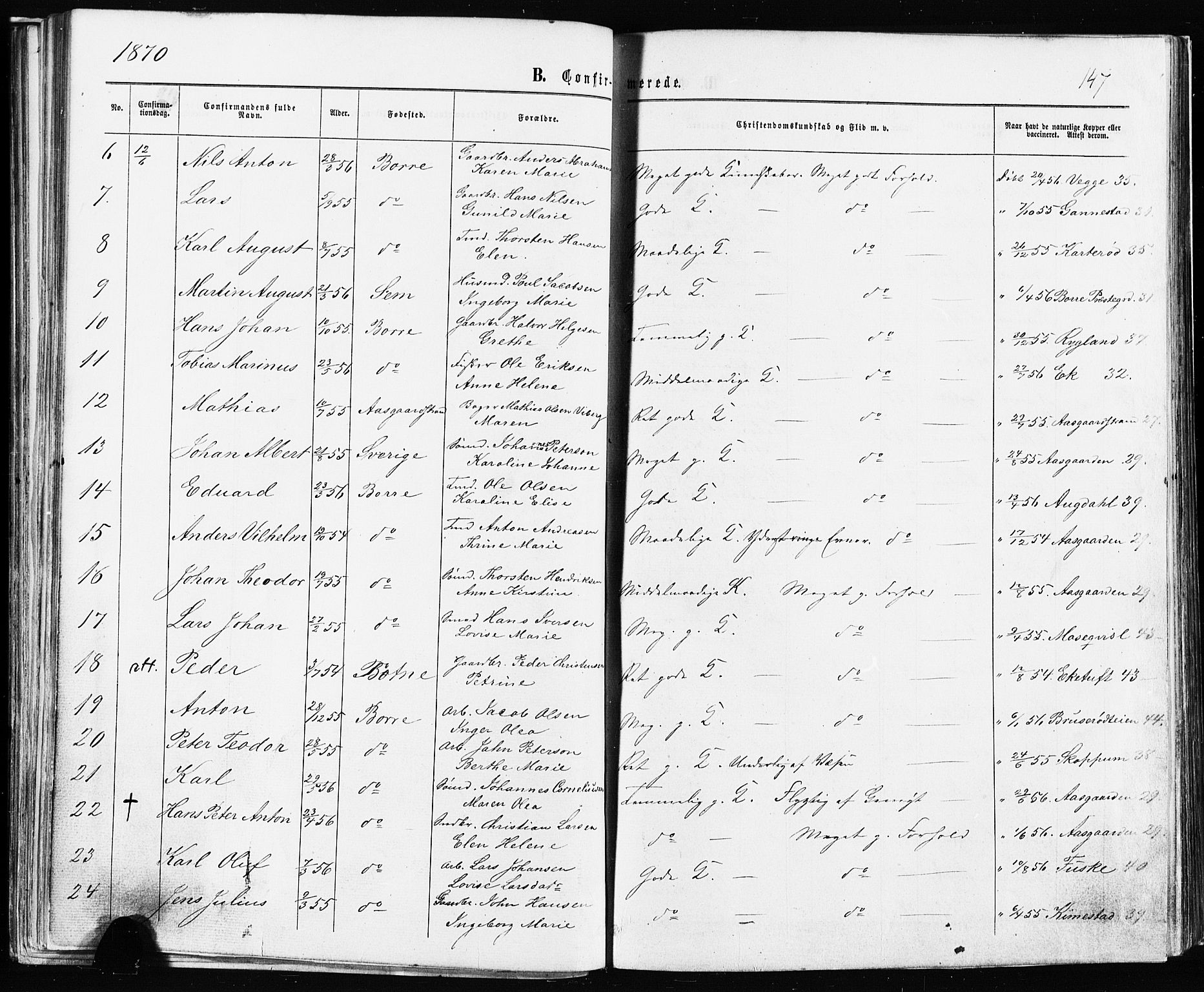 Borre kirkebøker, AV/SAKO-A-338/F/Fa/L0008: Parish register (official) no. I 8, 1868-1877, p. 147