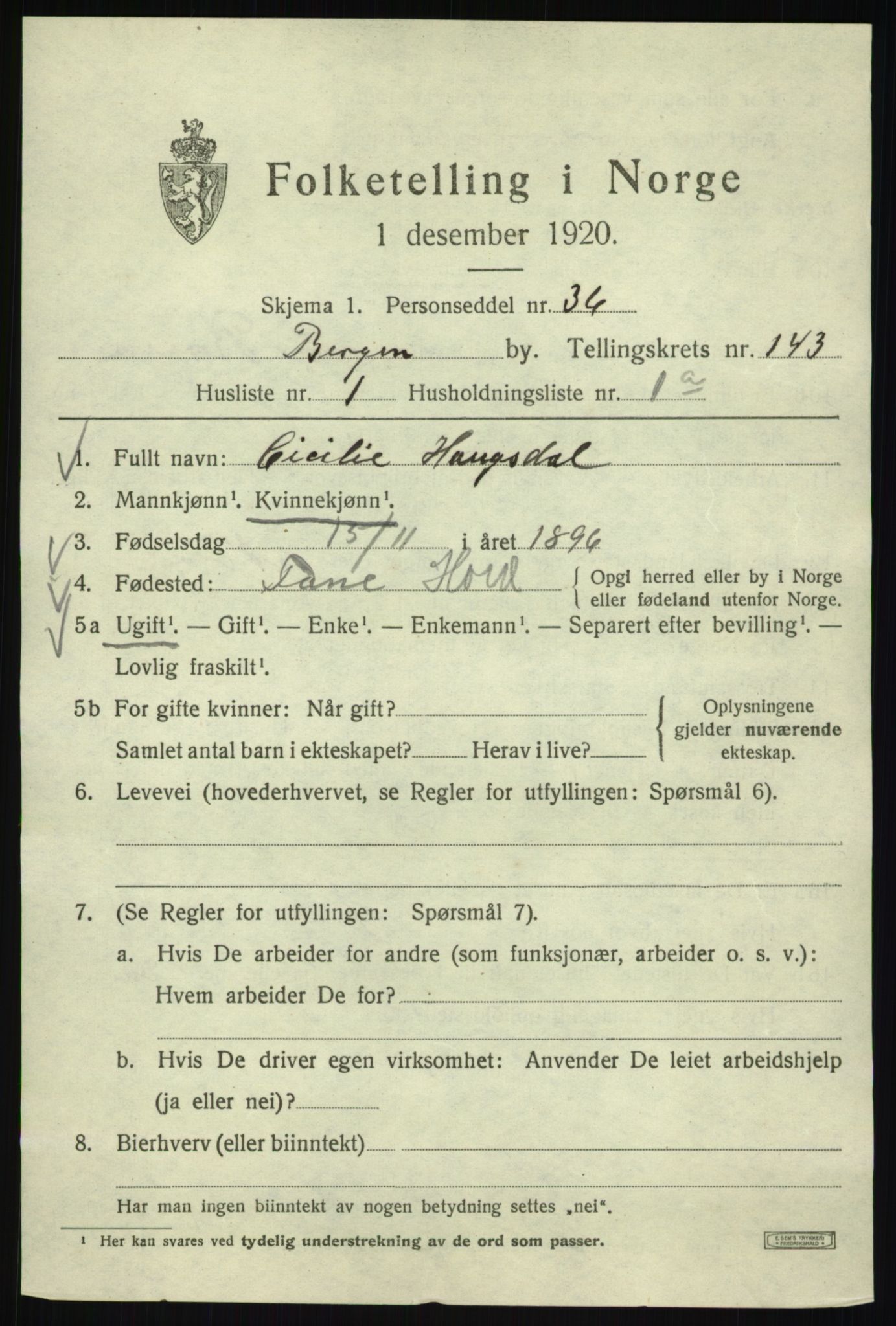 SAB, 1920 census for Bergen, 1920, p. 237926