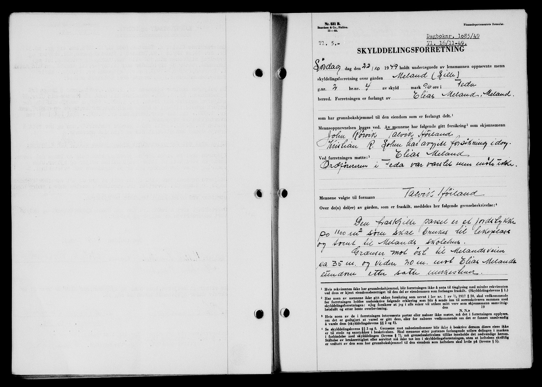 Flekkefjord sorenskriveri, SAK/1221-0001/G/Gb/Gba/L0065: Mortgage book no. A-13, 1949-1949, Diary no: : 1085/1949