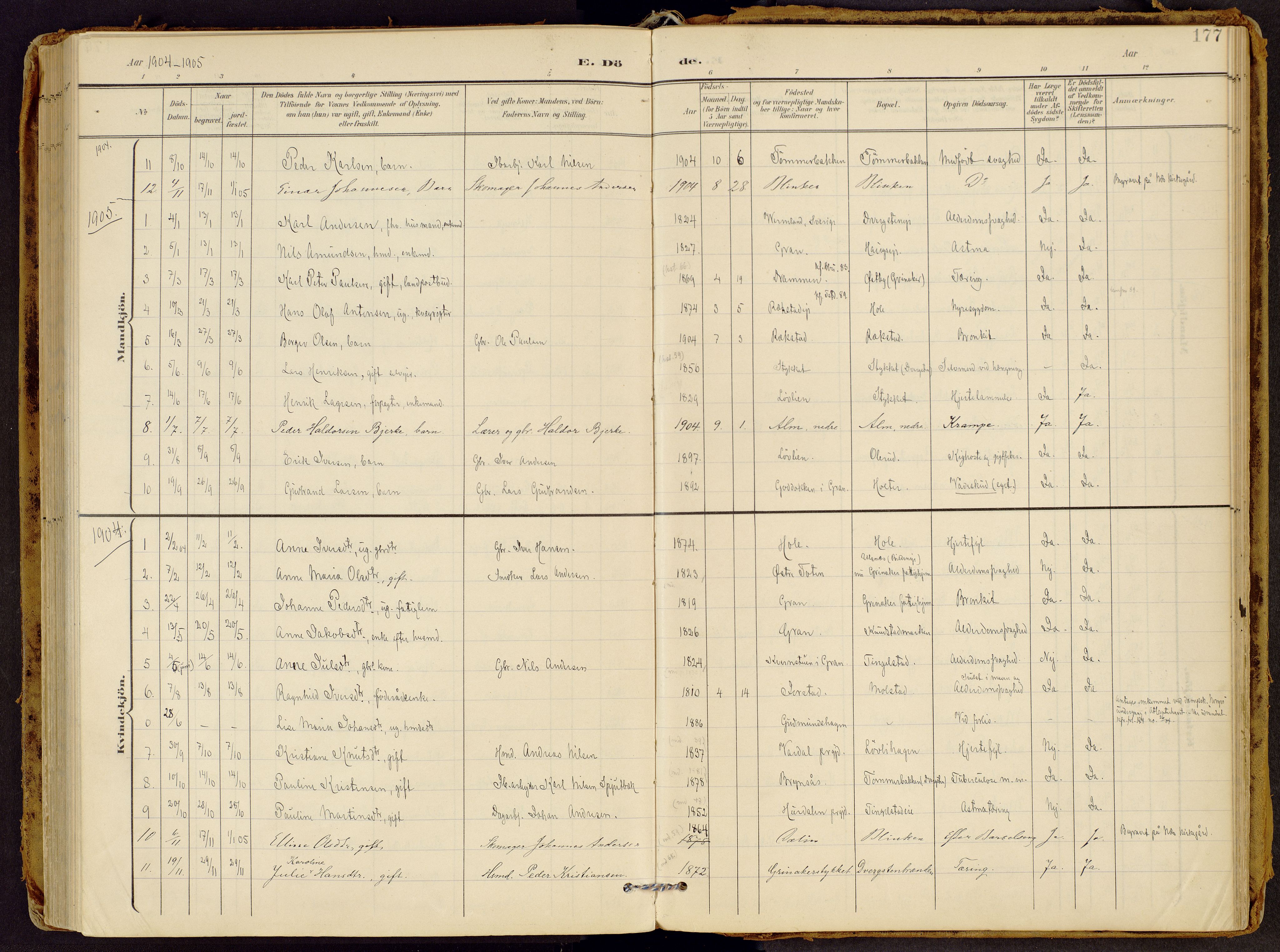 Brandbu prestekontor, SAH/PREST-114/H/Ha/Haa/L0002: Parish register (official) no. 2, 1899-1914, p. 177