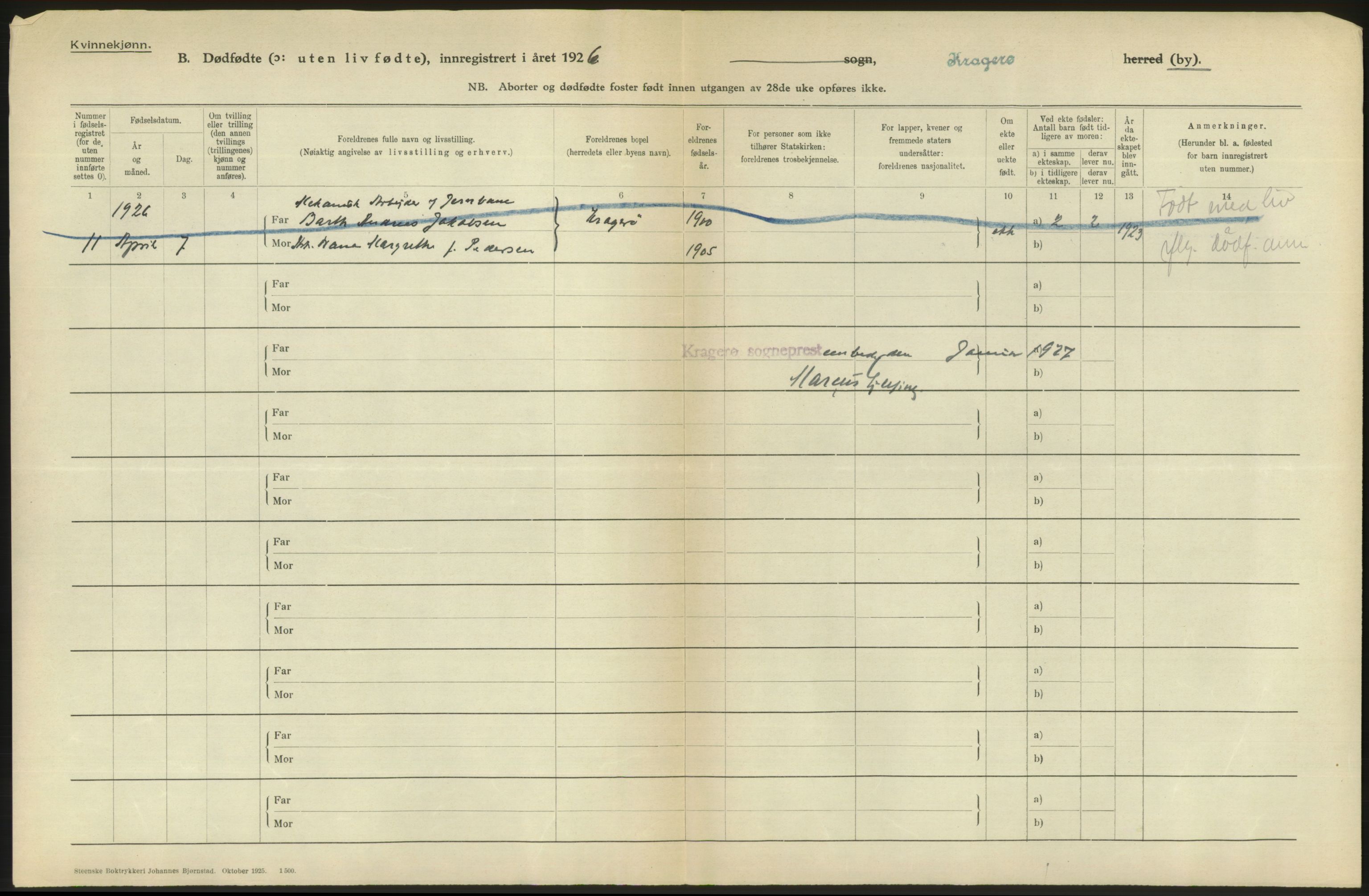 Statistisk sentralbyrå, Sosiodemografiske emner, Befolkning, RA/S-2228/D/Df/Dfc/Dfcf/L0020: Telemark fylke: Gifte, døde, dødfødte. Bygder og byer., 1926, p. 218