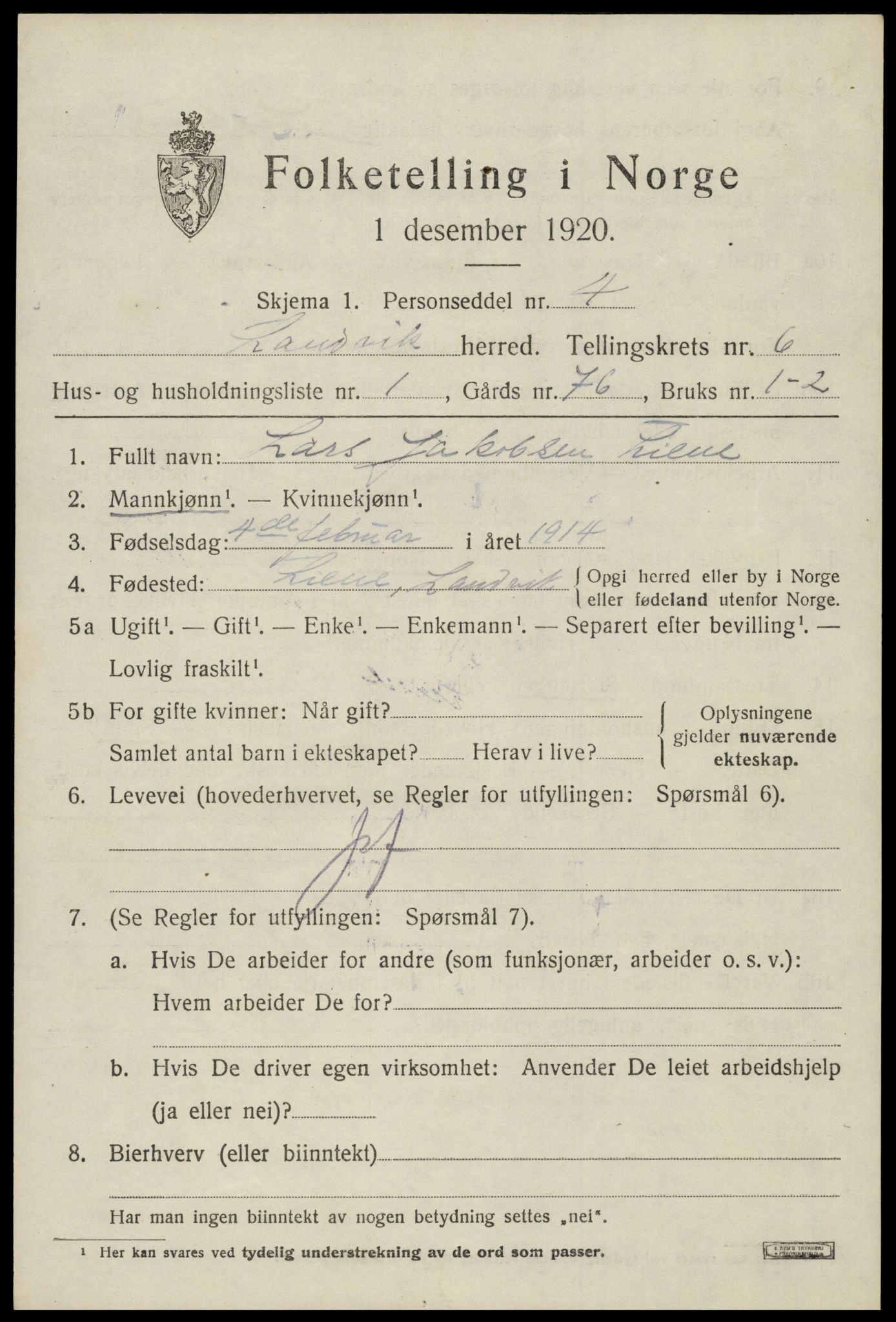 SAK, 1920 census for Landvik, 1920, p. 4454