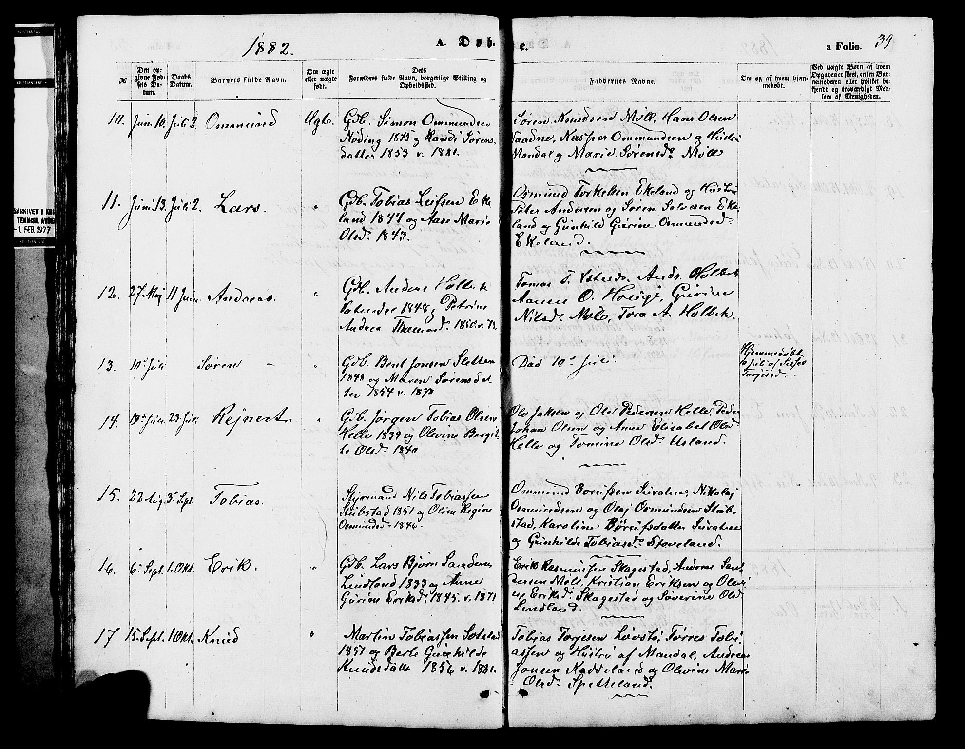 Holum sokneprestkontor, SAK/1111-0022/F/Fb/Fba/L0004: Parish register (copy) no. B 4, 1867-1890, p. 39