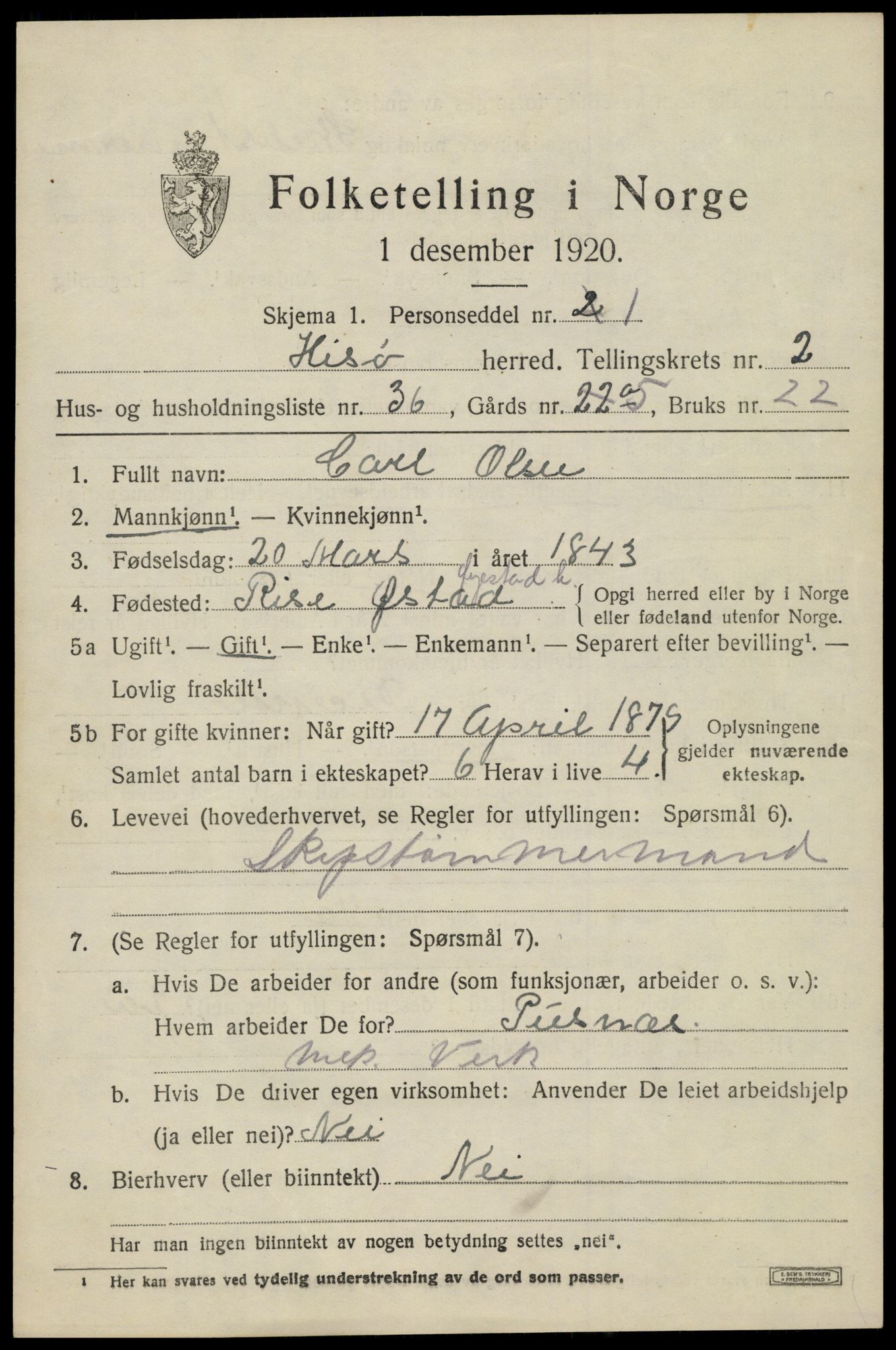 SAK, 1920 census for Hisøy, 1920, p. 2782