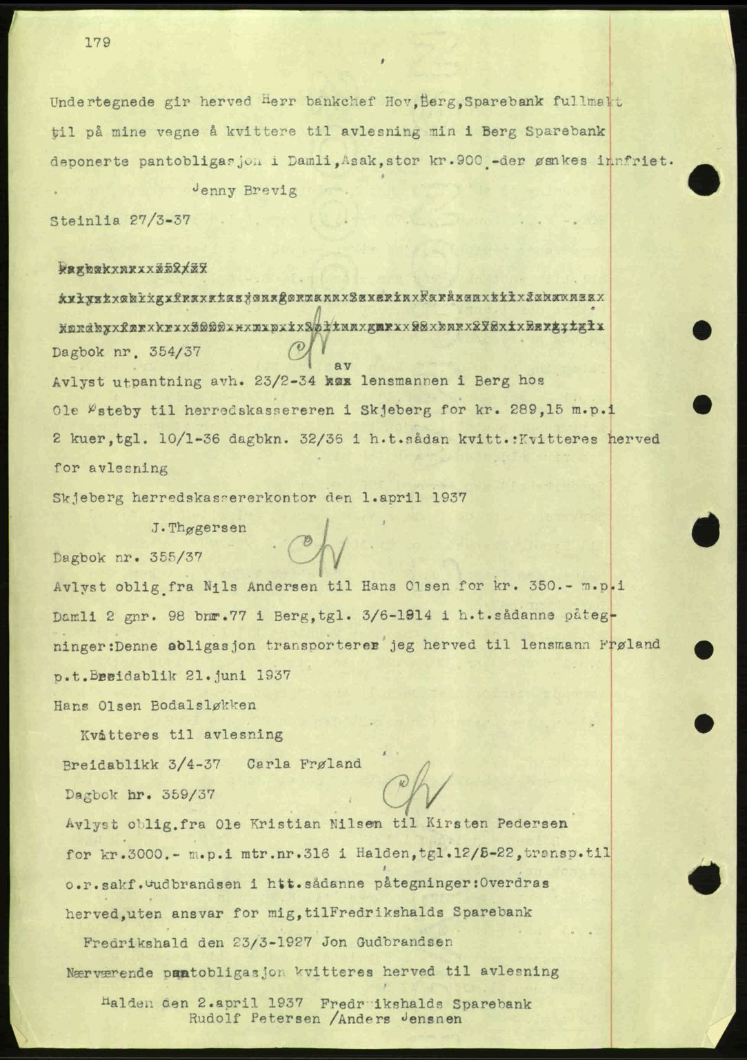 Idd og Marker sorenskriveri, AV/SAO-A-10283/G/Gb/Gbc/L0001: Mortgage book no. B1-3, 1936-1939, Diary no: : 354/1937