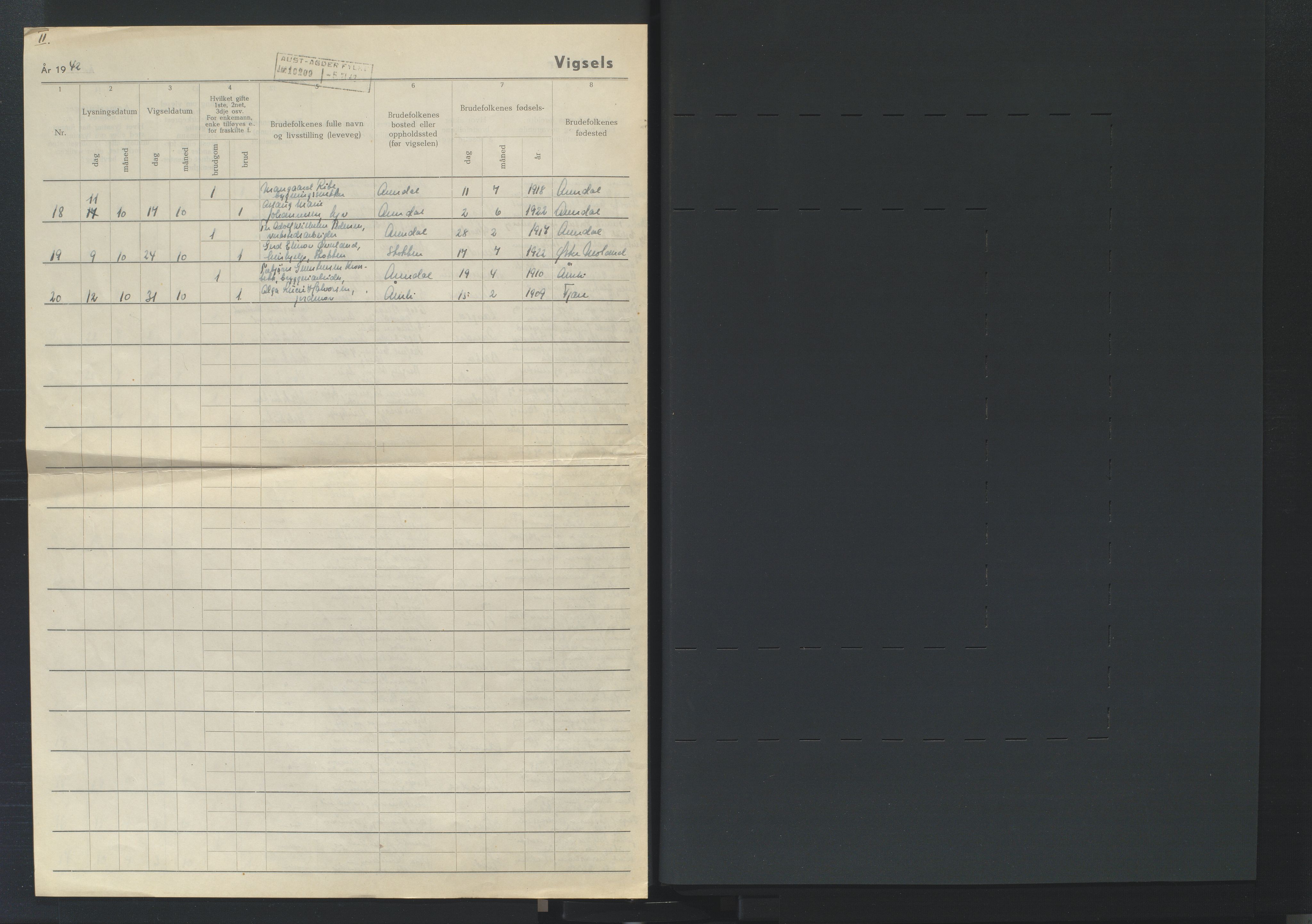 Nedenes sorenskriveri, AV/SAK-1221-0006/L/Ld/L0002/0001: Vigselsbøker / Vigselbok, 1939-1942