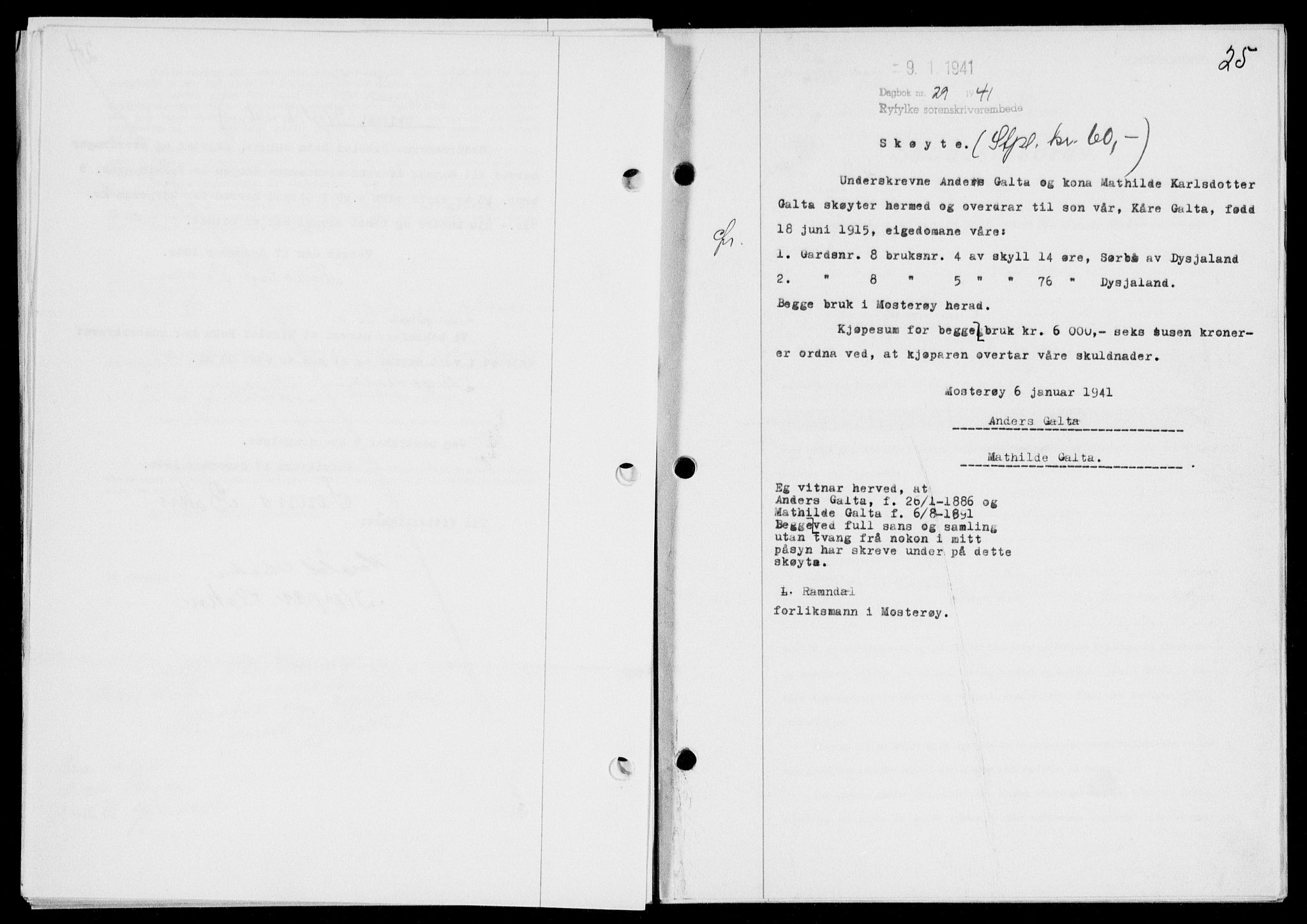 Ryfylke tingrett, SAST/A-100055/001/II/IIB/L0083: Mortgage book no. 62, 1941-1941, Diary no: : 29/1941