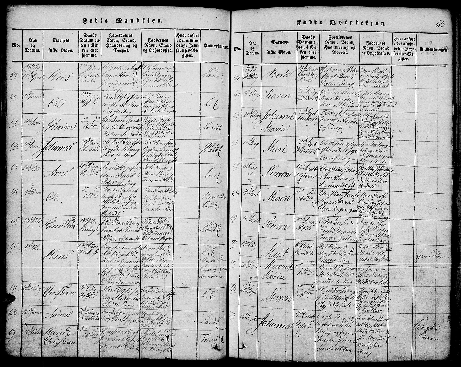Land prestekontor, SAH/PREST-120/H/Ha/Hab/L0001: Parish register (copy) no. 1, 1814-1833, p. 63