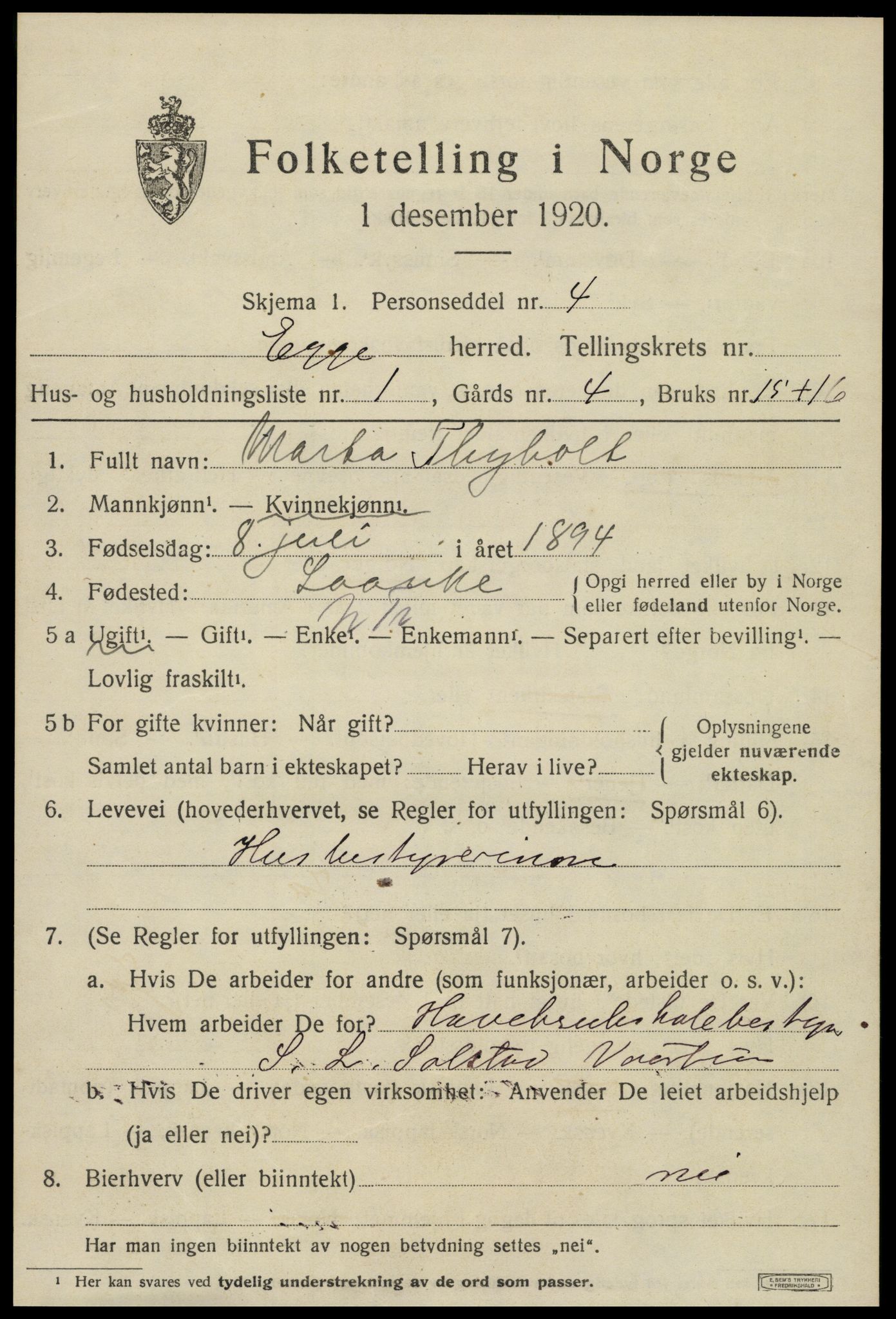 SAT, 1920 census for Egge, 1920, p. 1864