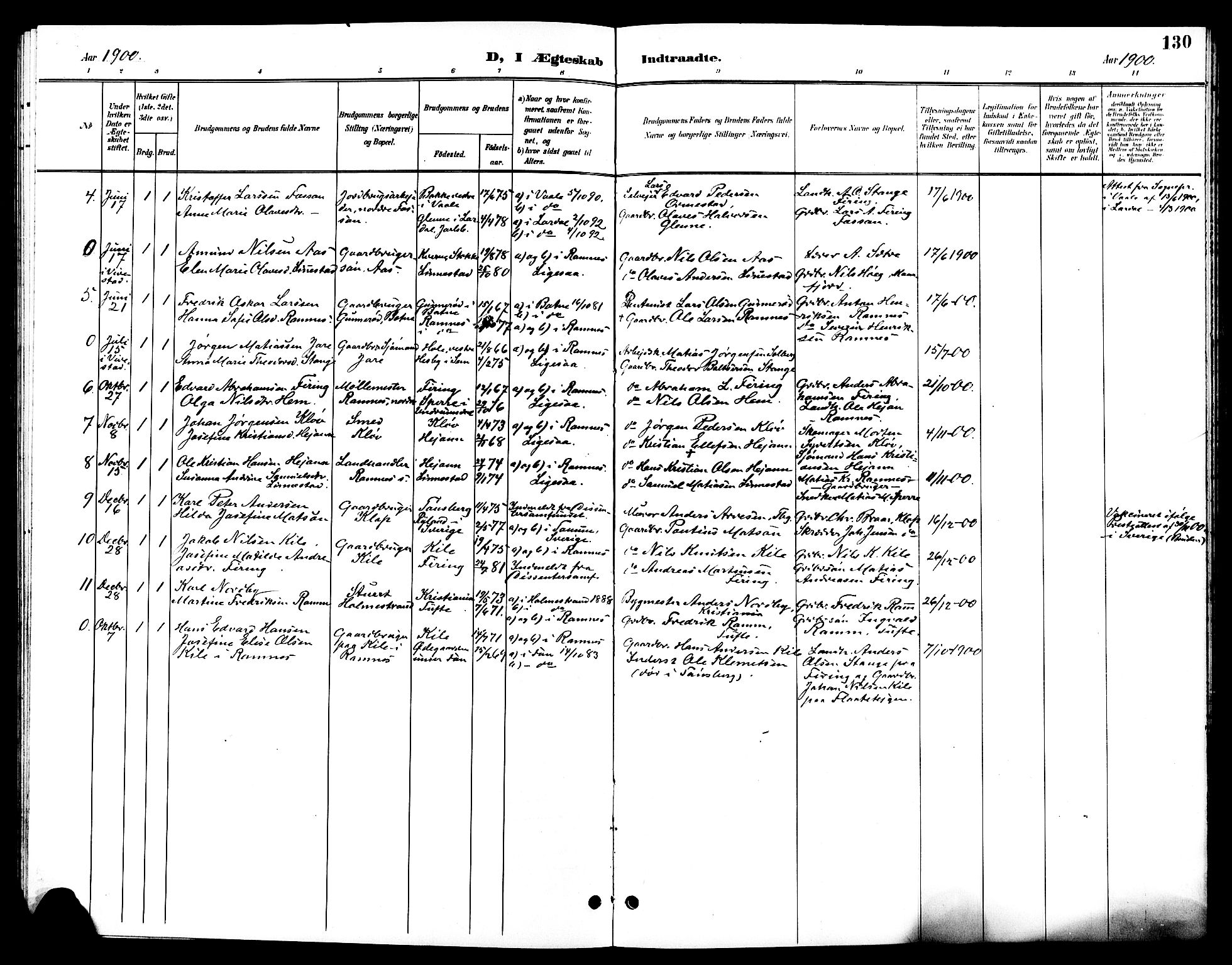 Ramnes kirkebøker, AV/SAKO-A-314/G/Ga/L0004: Parish register (copy) no. I 4, 1896-1911, p. 130