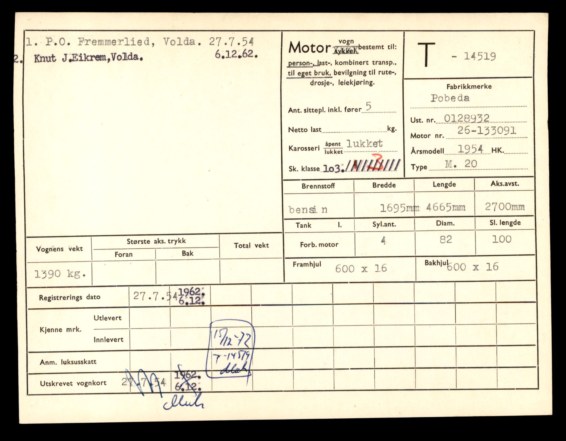 Møre og Romsdal vegkontor - Ålesund trafikkstasjon, AV/SAT-A-4099/F/Fe/L0046: Registreringskort for kjøretøy T 14445 - T 14579, 1927-1998