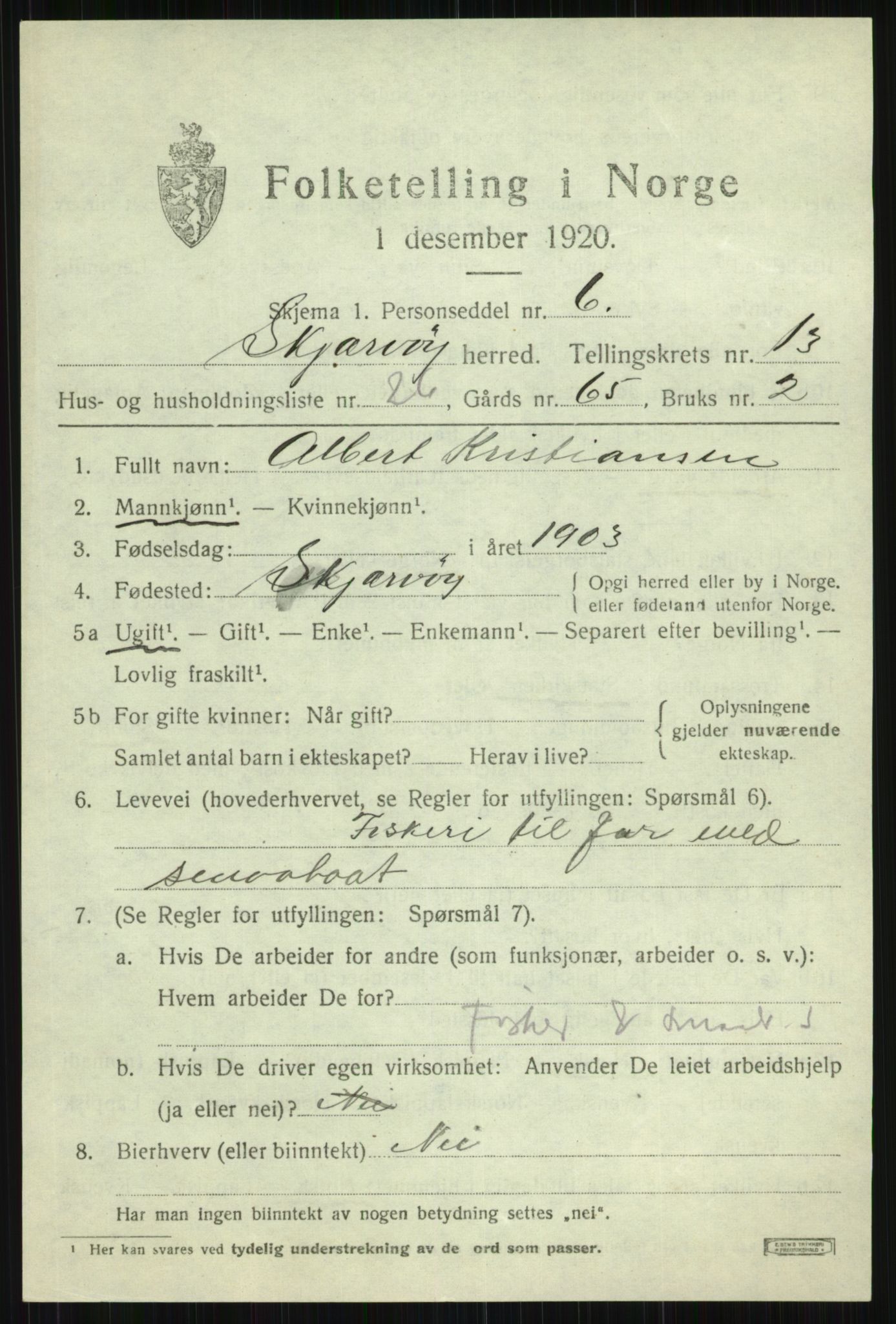 SATØ, 1920 census for Skjervøy, 1920, p. 6707