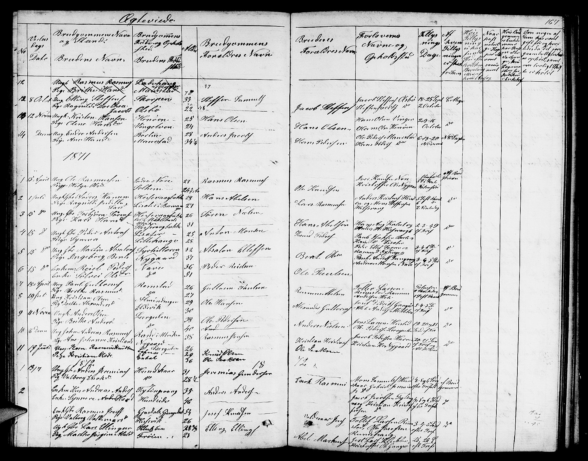 Davik sokneprestembete, AV/SAB-A-79701/H/Hab/Habc/L0001: Parish register (copy) no. C 1, 1866-1888, p. 167