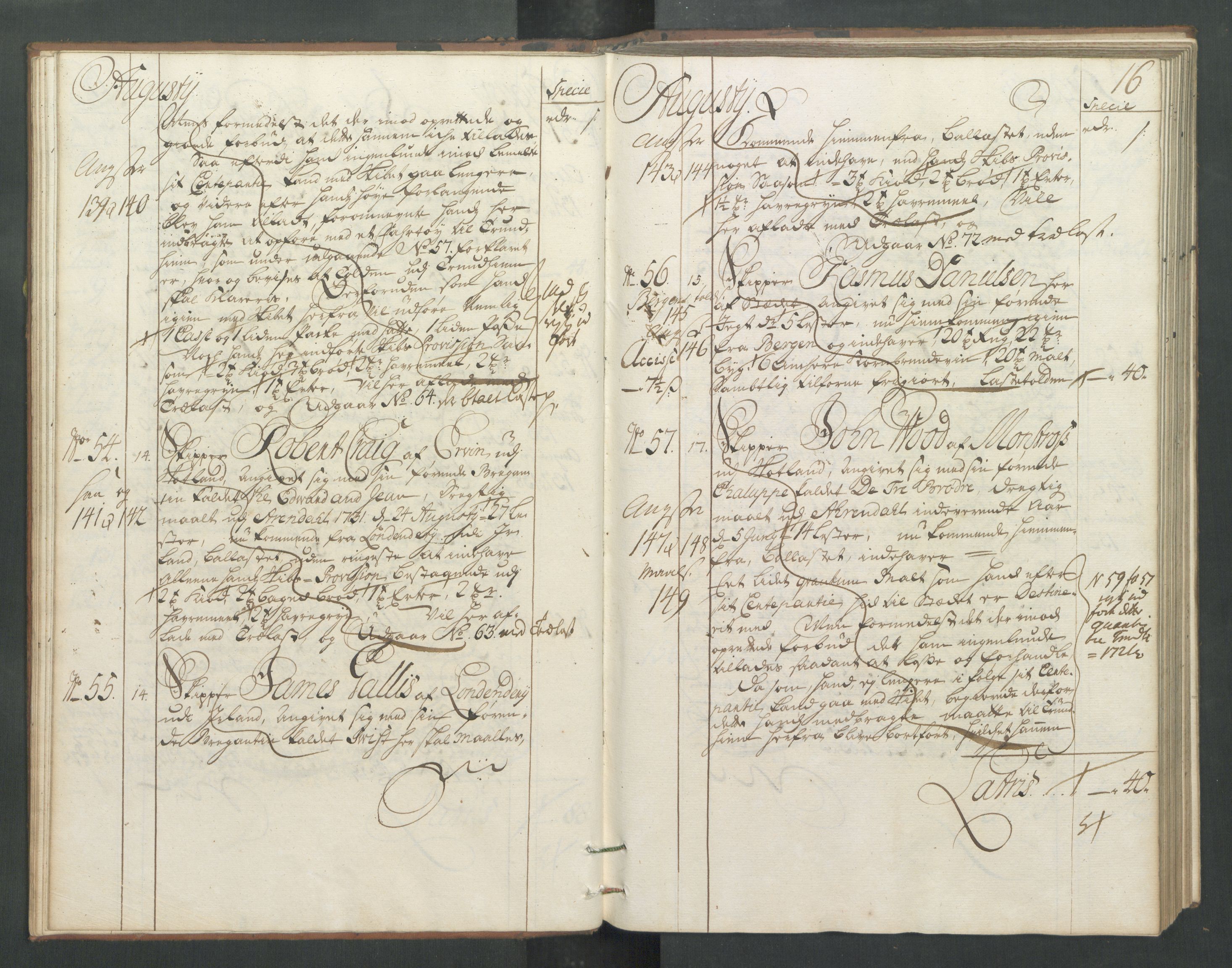 Generaltollkammeret, tollregnskaper, RA/EA-5490/R32/L0005/0001: Tollregnskaper Kristiansund / Hovedtollbok, 1733, p. 15b-16a