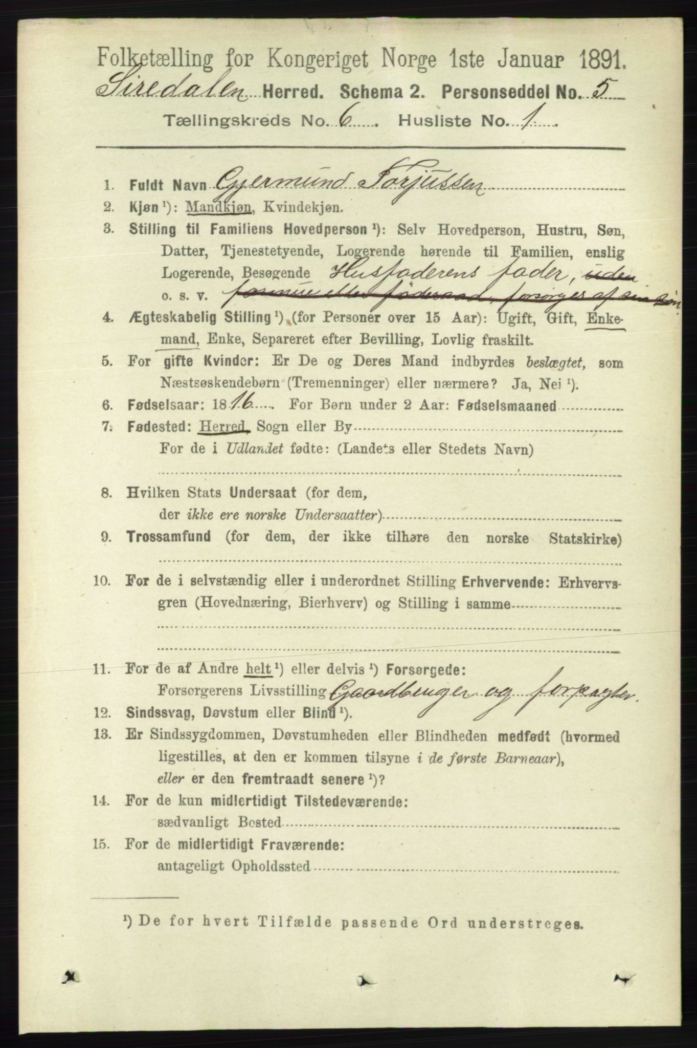 RA, 1891 census for 1046 Sirdal, 1891, p. 1638