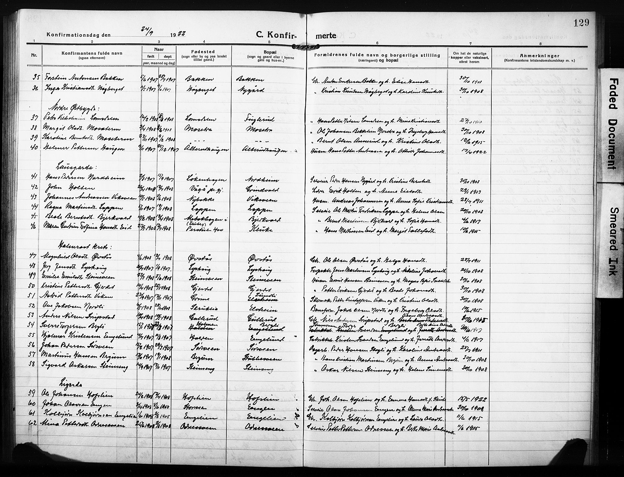 Søndre Land prestekontor, AV/SAH-PREST-122/L/L0007: Parish register (copy) no. 7, 1915-1932, p. 129