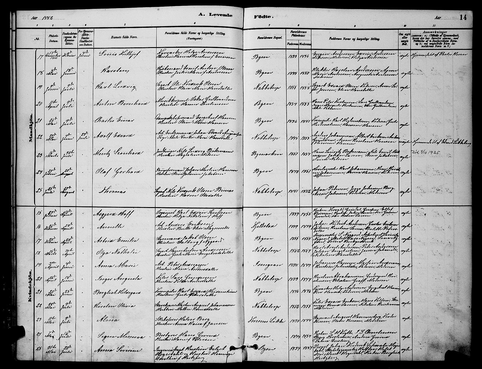 Østre Fredrikstad prestekontor Kirkebøker, AV/SAO-A-10907/G/Ga/L0001: Parish register (copy) no. 1, 1880-1899, p. 14