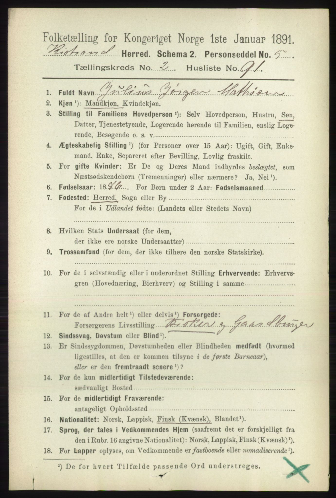 RA, 1891 census for 2020 Kistrand, 1891, p. 1164