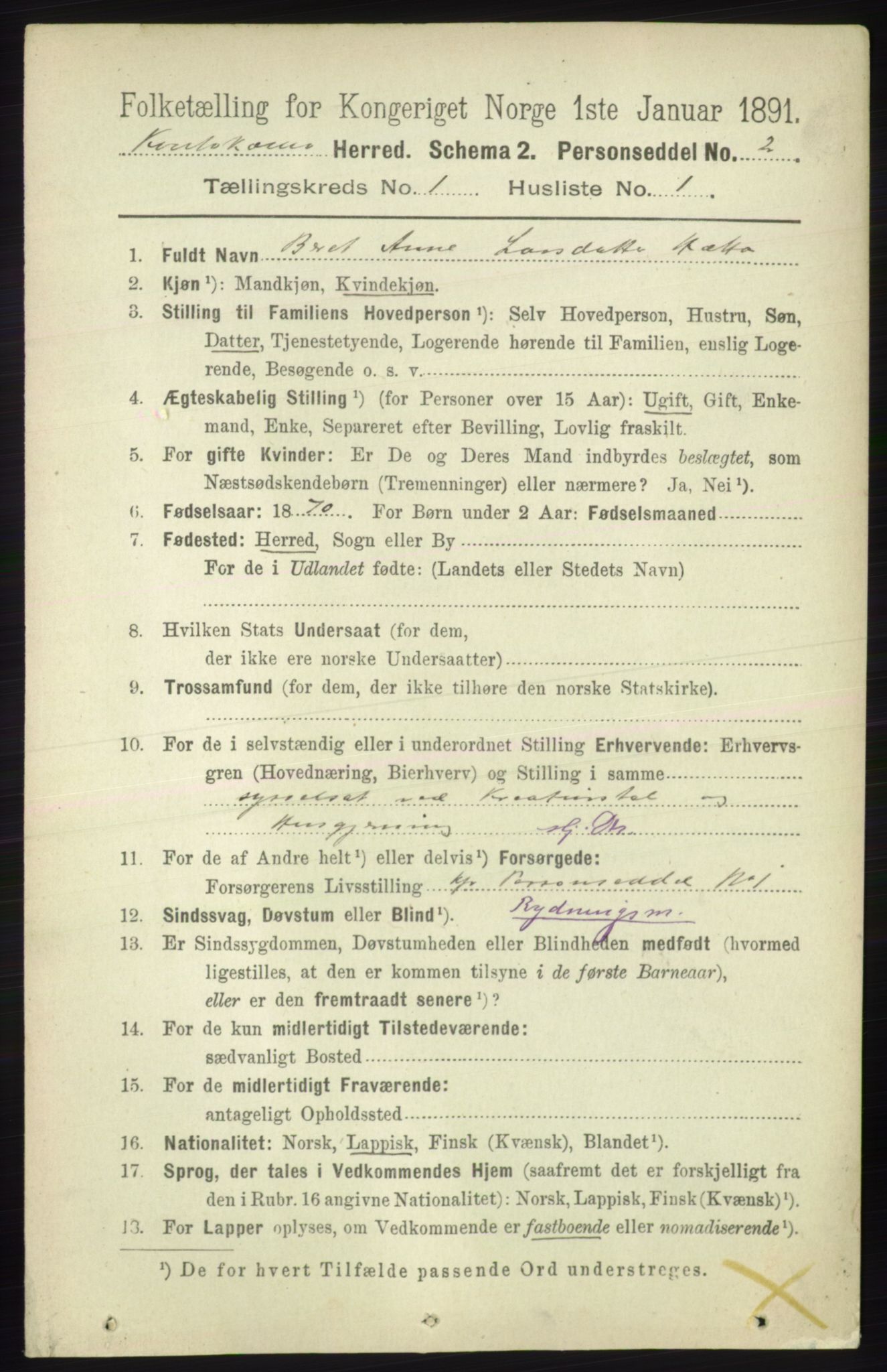 RA, 1891 census for 2011 Kautokeino, 1891, p. 52