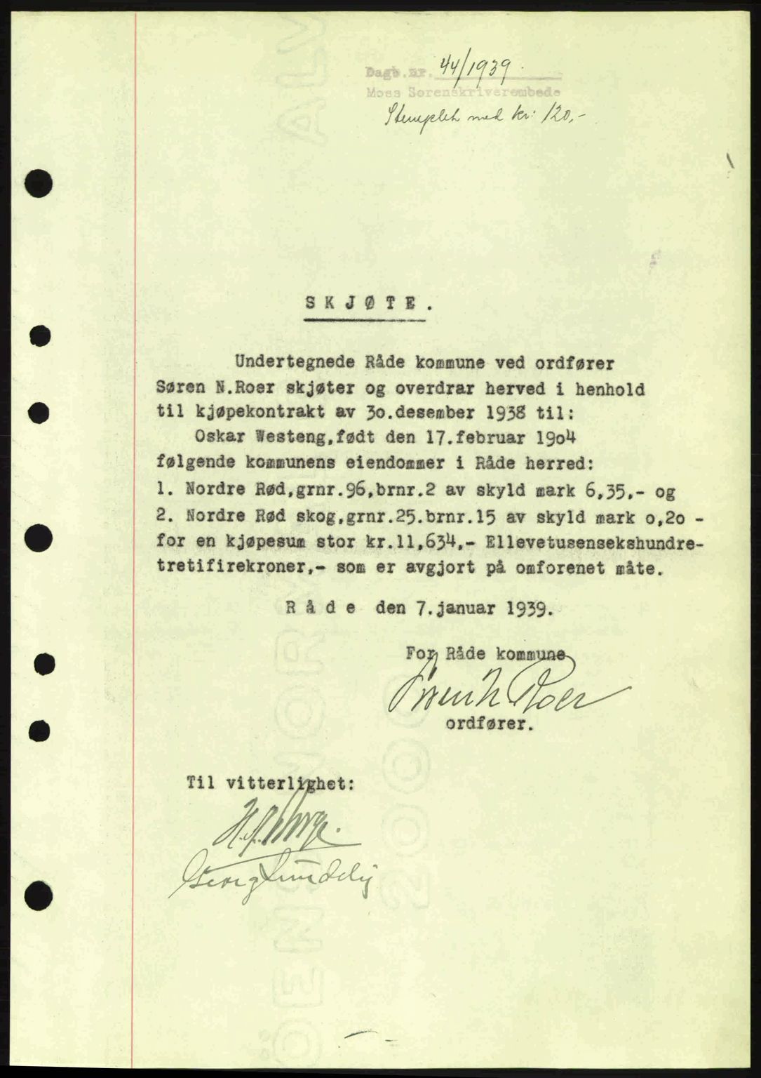 Moss sorenskriveri, SAO/A-10168: Mortgage book no. A5, 1938-1939, Diary no: : 44/1939