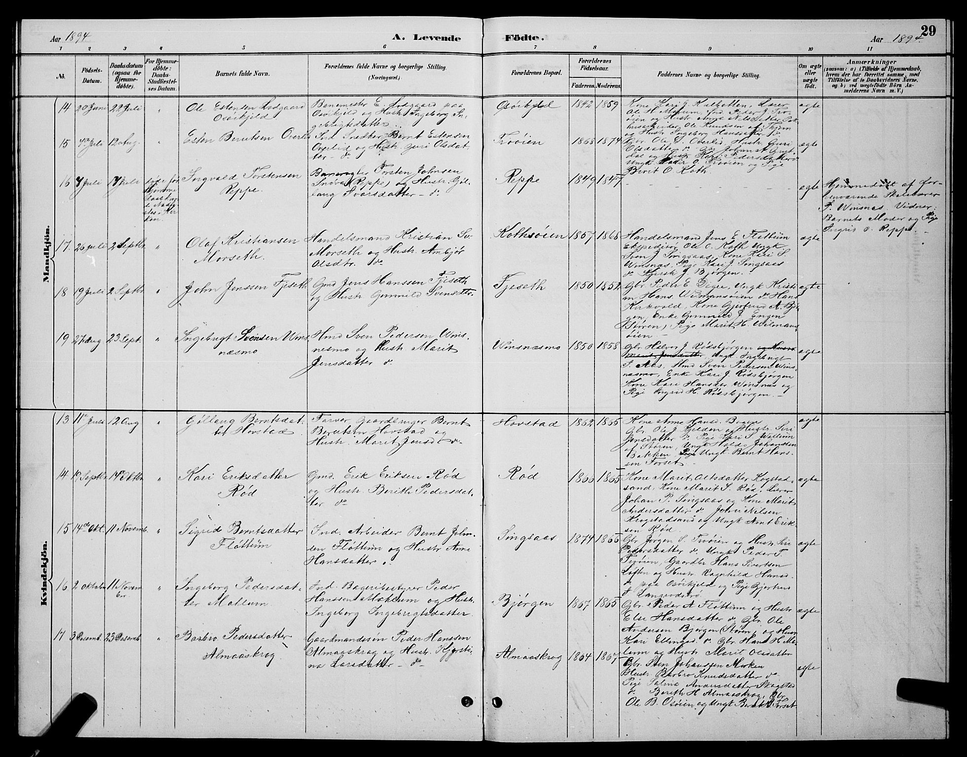 Ministerialprotokoller, klokkerbøker og fødselsregistre - Sør-Trøndelag, AV/SAT-A-1456/688/L1028: Parish register (copy) no. 688C03, 1889-1899, p. 29