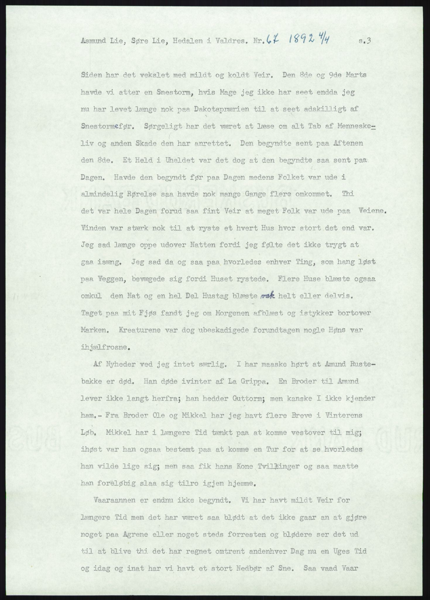 Samlinger til kildeutgivelse, Amerikabrevene, AV/RA-EA-4057/F/L0012: Innlån fra Oppland: Lie (brevnr 1-78), 1838-1914, p. 945