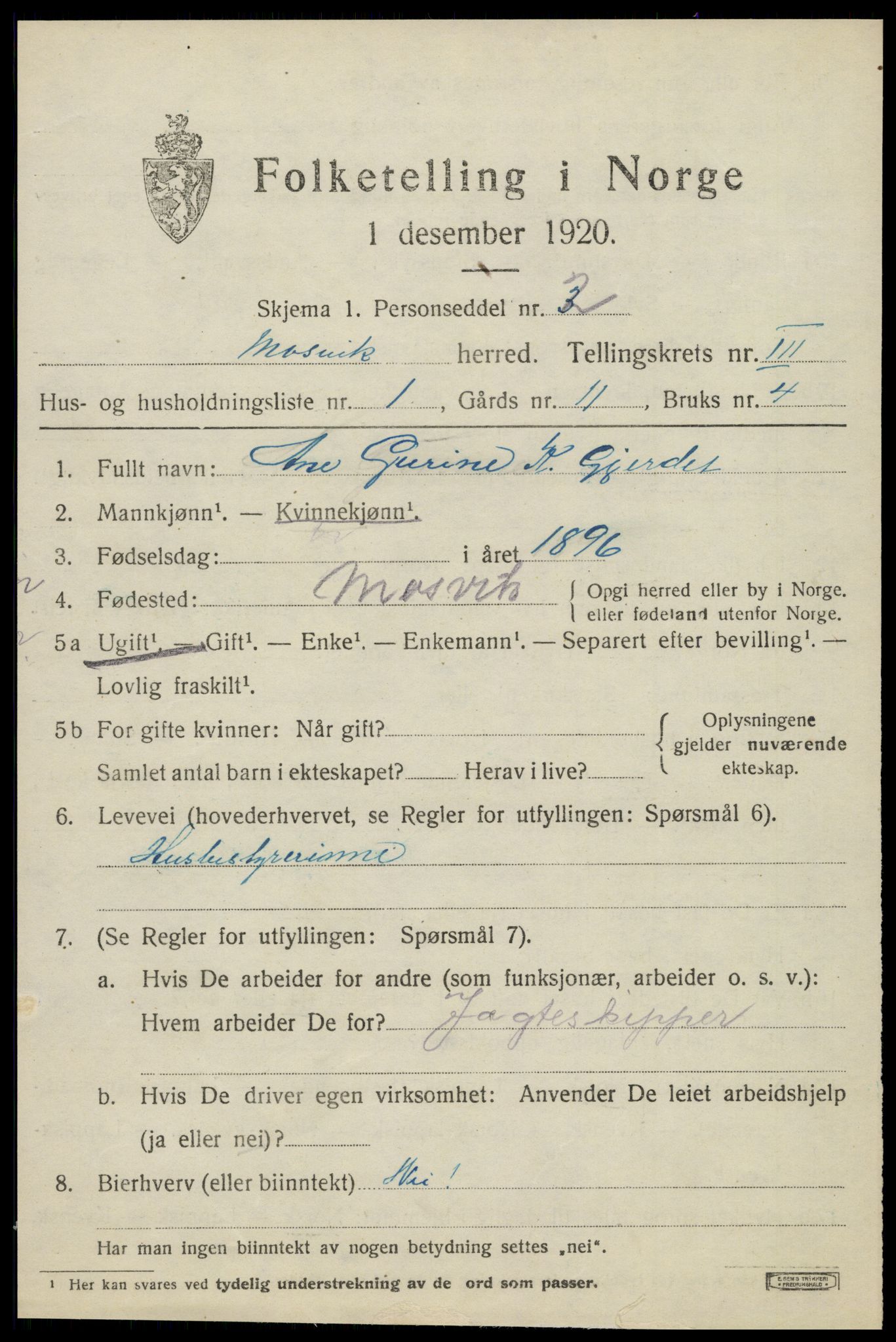 SAT, 1920 census for Mosvik, 1920, p. 854