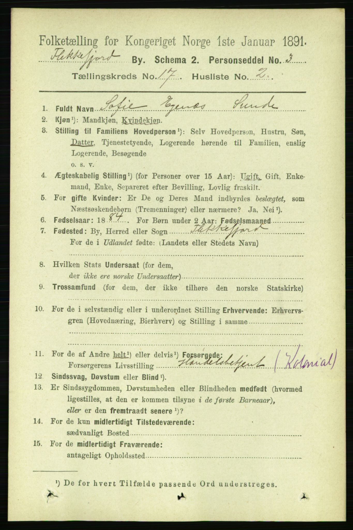 RA, 1891 census for 1004 Flekkefjord, 1891, p. 2090