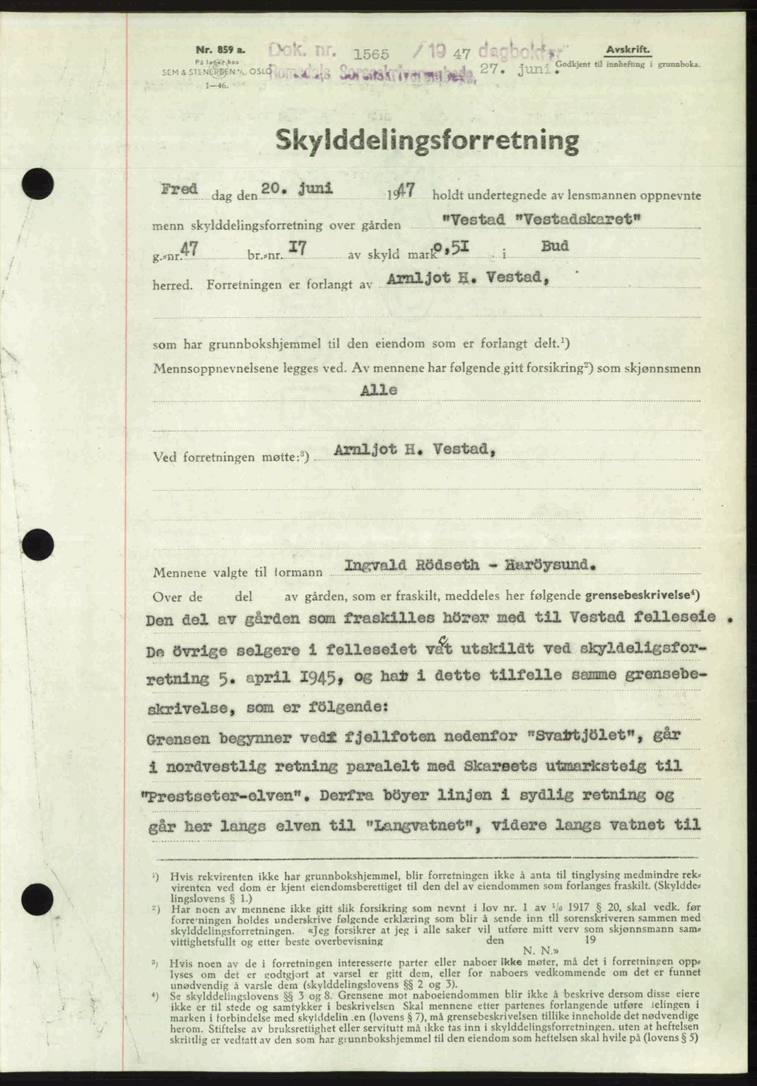 Romsdal sorenskriveri, AV/SAT-A-4149/1/2/2C: Mortgage book no. A23, 1947-1947, Diary no: : 1565/1947