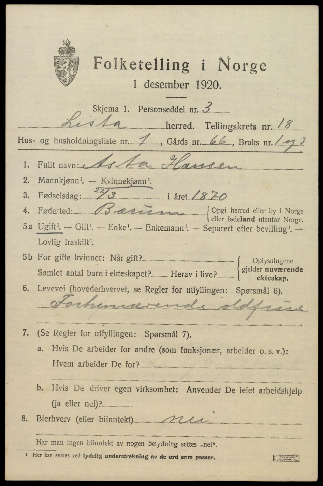 SAK, 1920 census for Lista, 1920, p. 13781