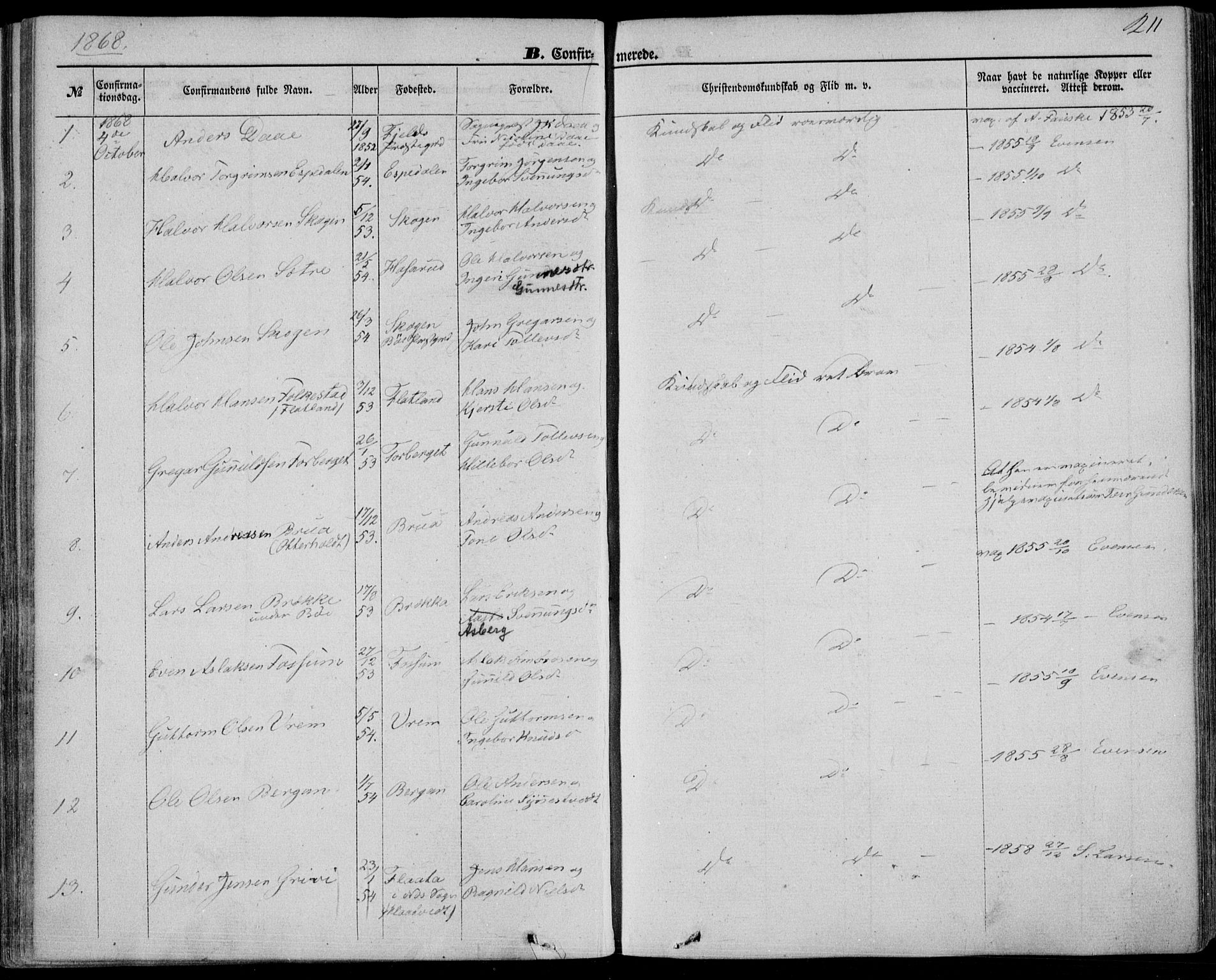 Bø kirkebøker, SAKO/A-257/F/Fa/L0009: Parish register (official) no. 9, 1862-1879, p. 211