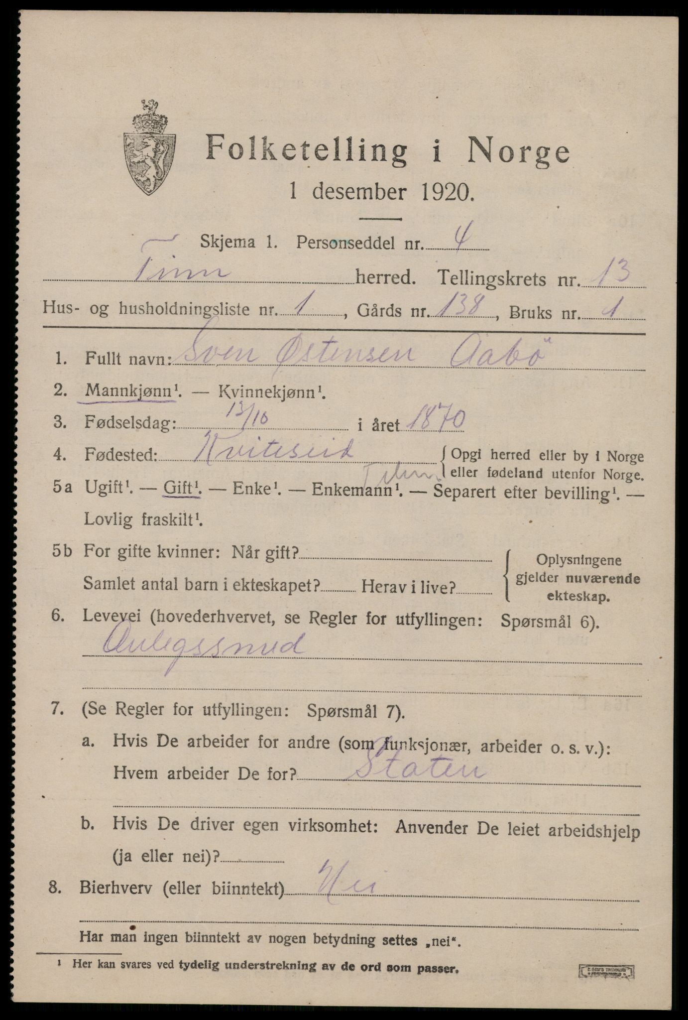 SAKO, 1920 census for Tinn, 1920, p. 8152