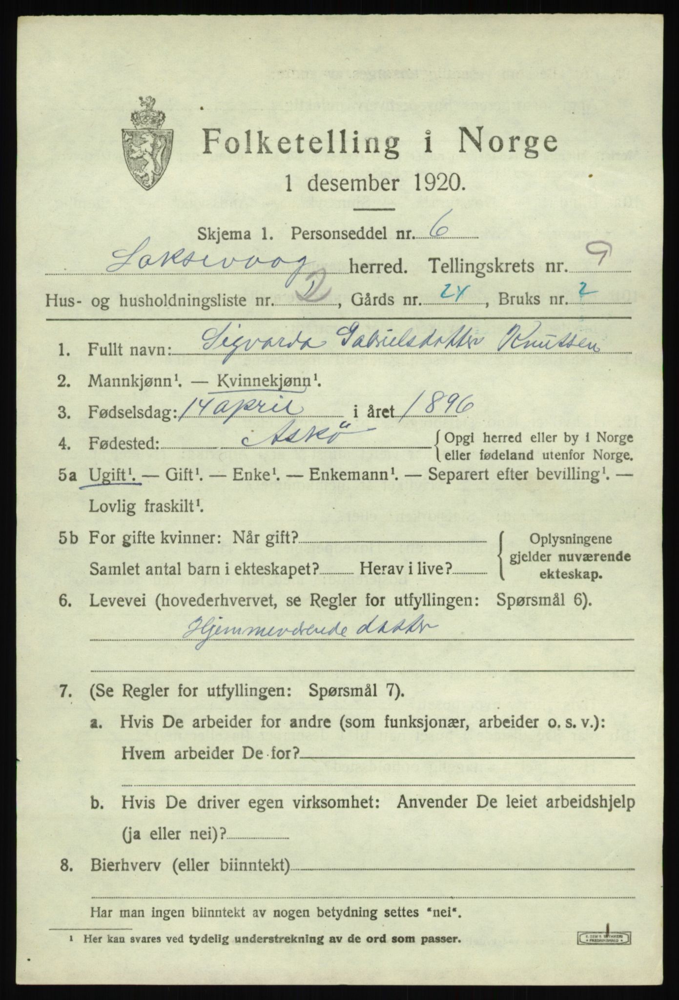 SAB, 1920 census for Laksevåg, 1920, p. 19424