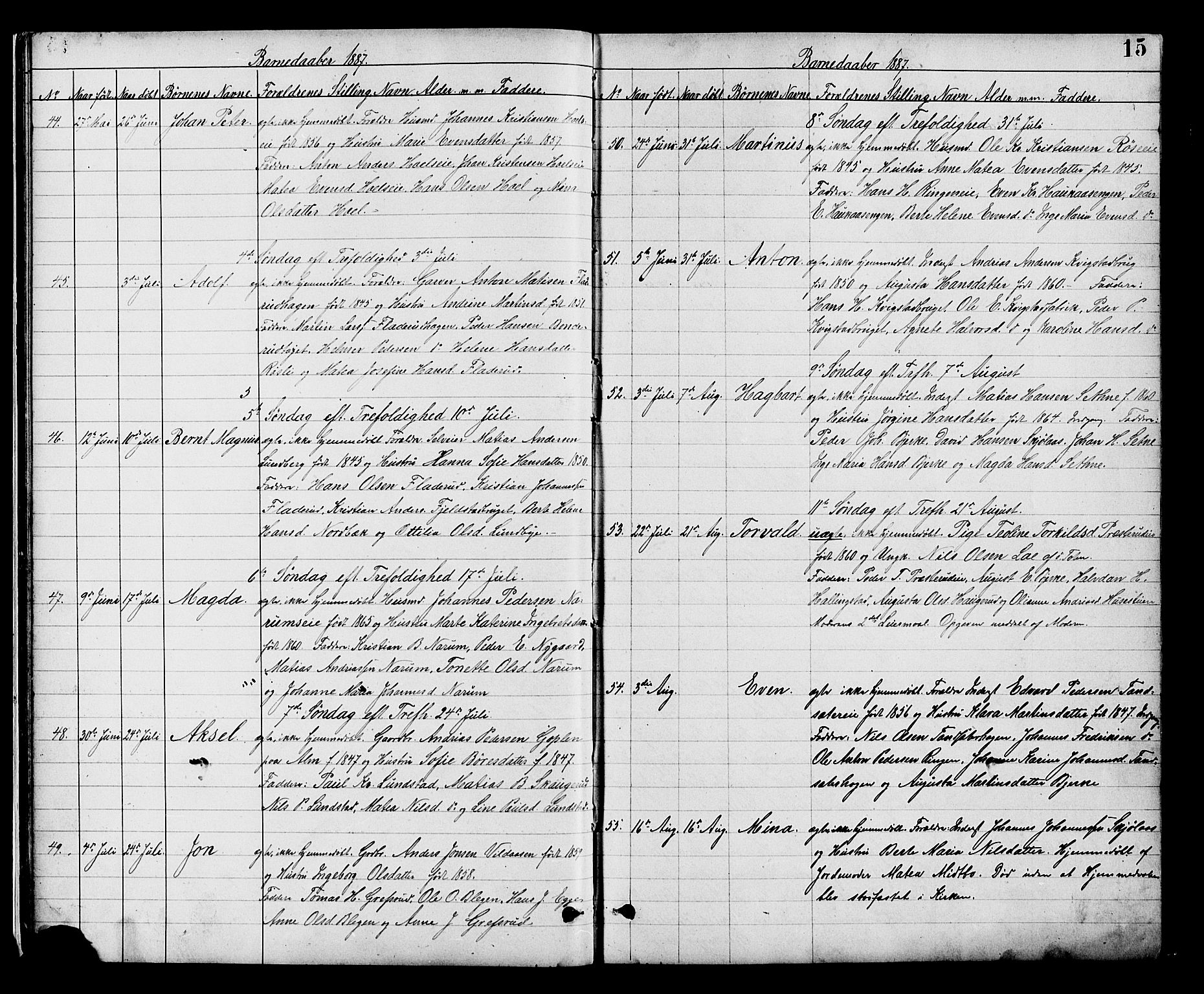 Vestre Toten prestekontor, AV/SAH-PREST-108/H/Ha/Hab/L0008: Parish register (copy) no. 8, 1885-1900, p. 15