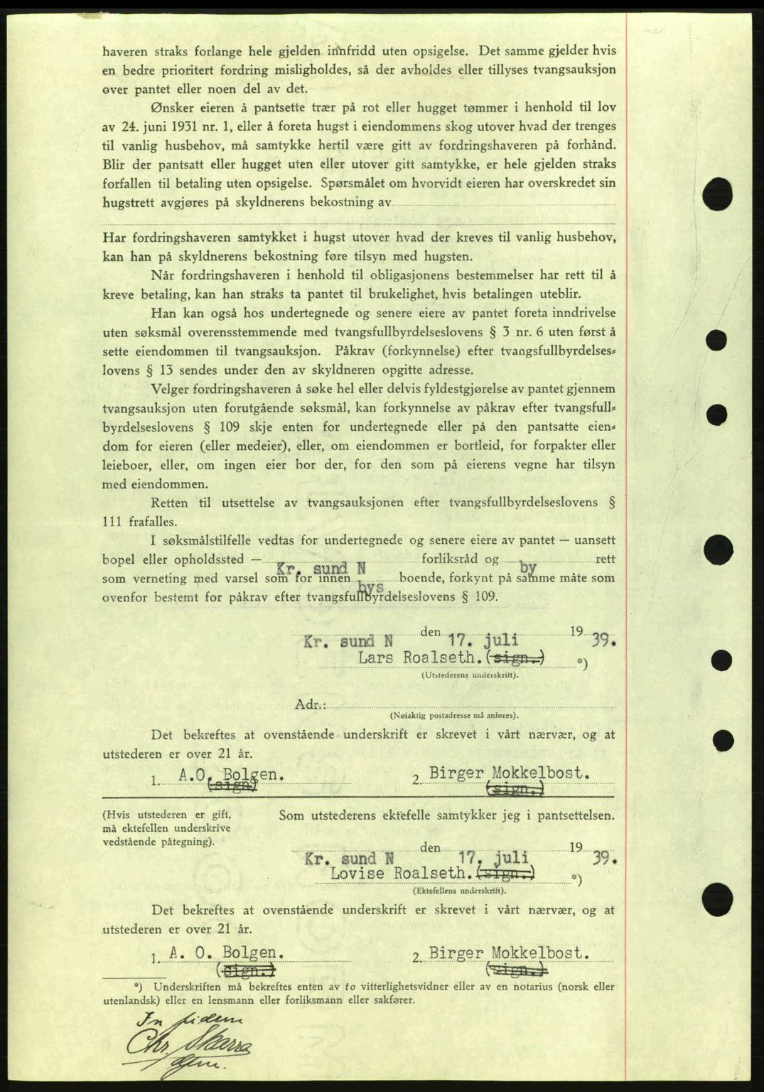 Kristiansund byfogd, SAT/A-4587/A/27: Mortgage book no. 31, 1938-1939, Diary no: : 592/1939