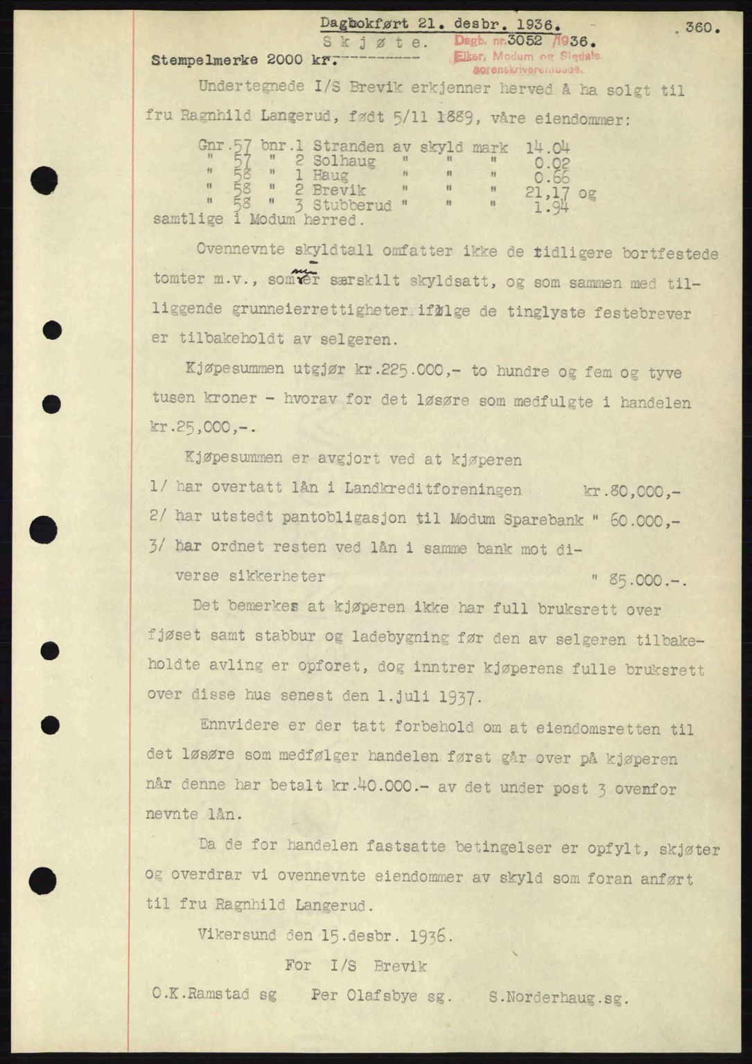 Eiker, Modum og Sigdal sorenskriveri, SAKO/A-123/G/Ga/Gab/L0034: Mortgage book no. A4, 1936-1937, Diary no: : 3052/1936