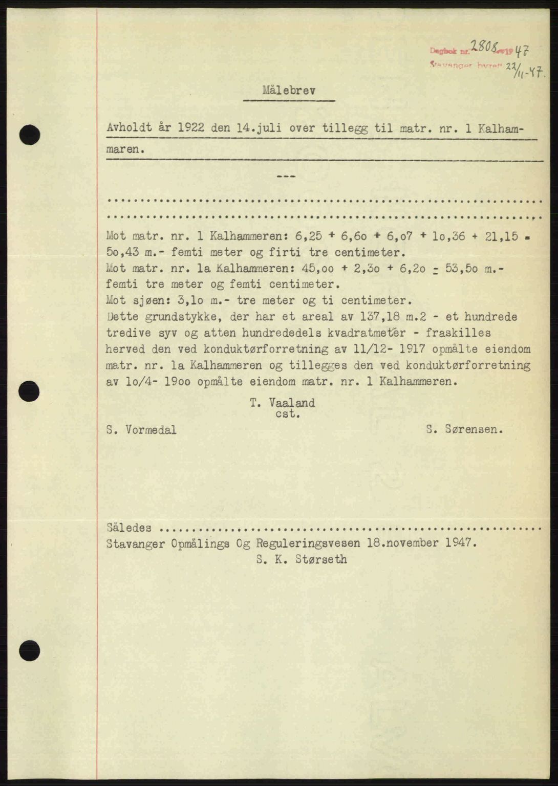 Stavanger byrett, SAST/A-100455/002/G/Gb/L0022: Mortgage book no. A11, 1947-1948, Diary no: : 2808/1947