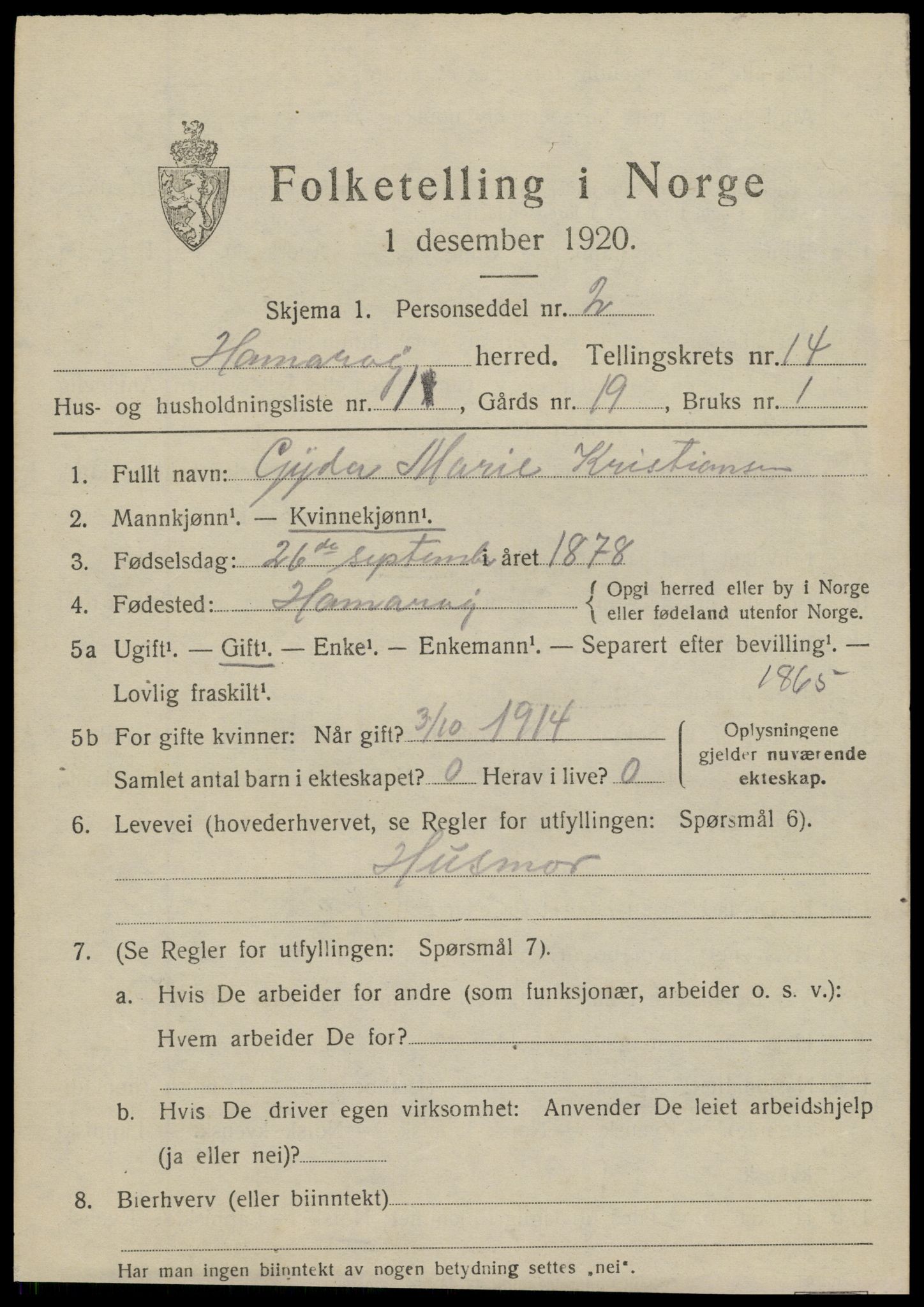 SAT, 1920 census for Hamarøy, 1920, p. 6782