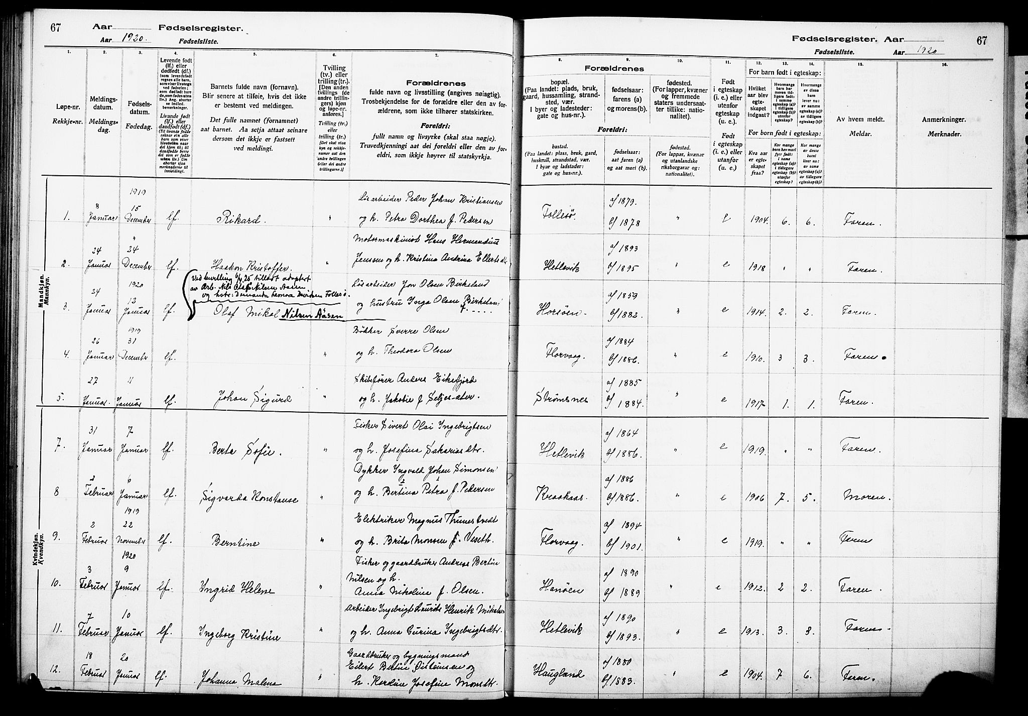 Askøy Sokneprestembete, AV/SAB-A-74101/I/Id/L00A1: Birth register no. A 1, 1916-1928, p. 67